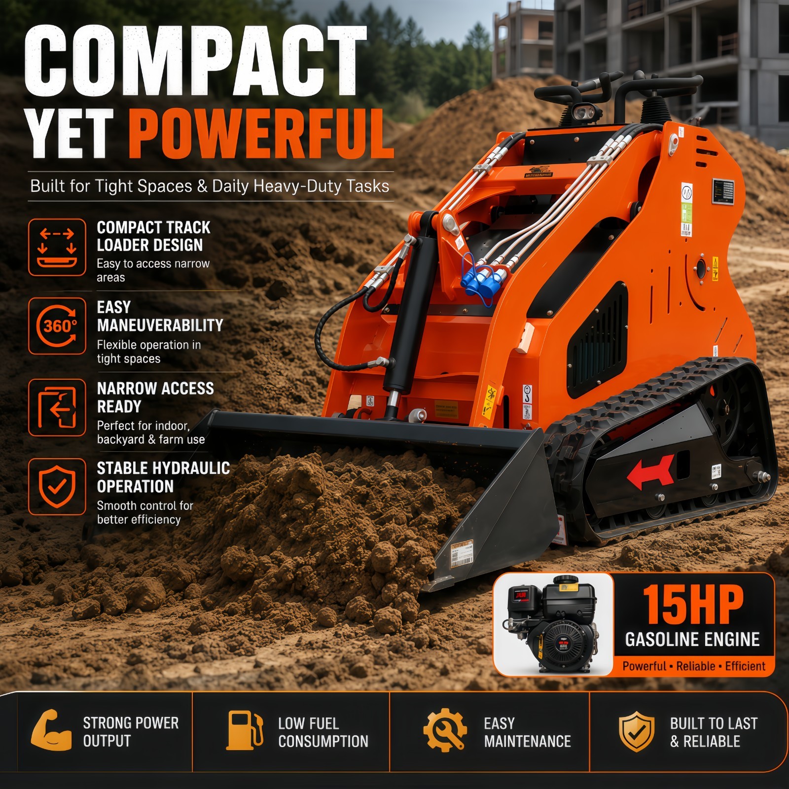 15HP Mini Skid Steer Loader Gasoline Crawler Hydraulic EPA Free Shipping USA