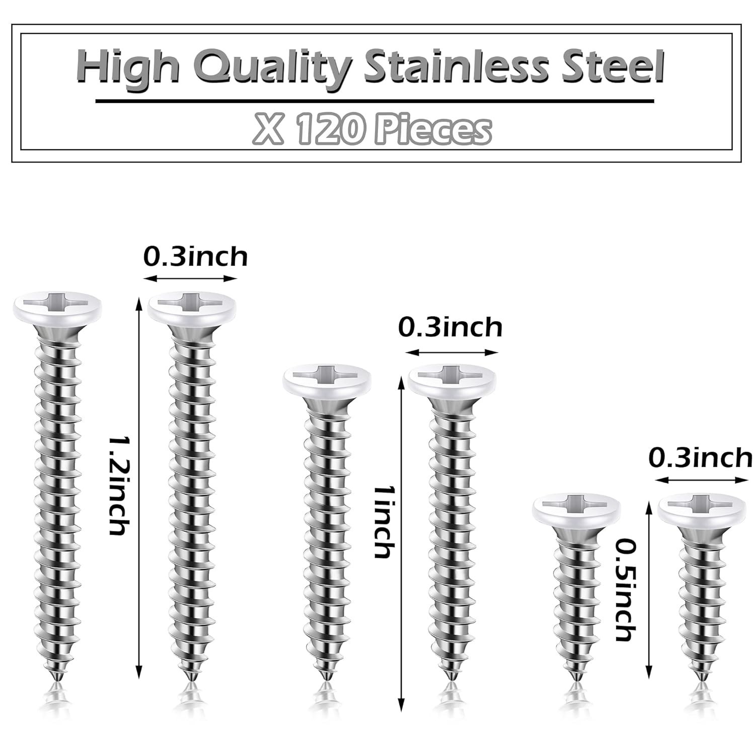 120 Pcs #8 White Head Wood Screws Self Tapping 3 Assorted Sizes for Wall