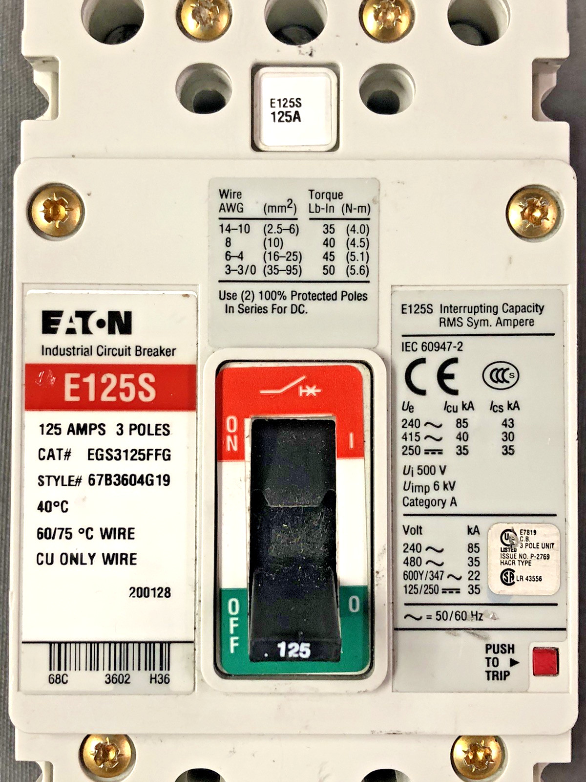 Eaton EGS3125FFG Molded Case Circuit Breaker 3 Pole 125A 600Y/347 VAC Max.