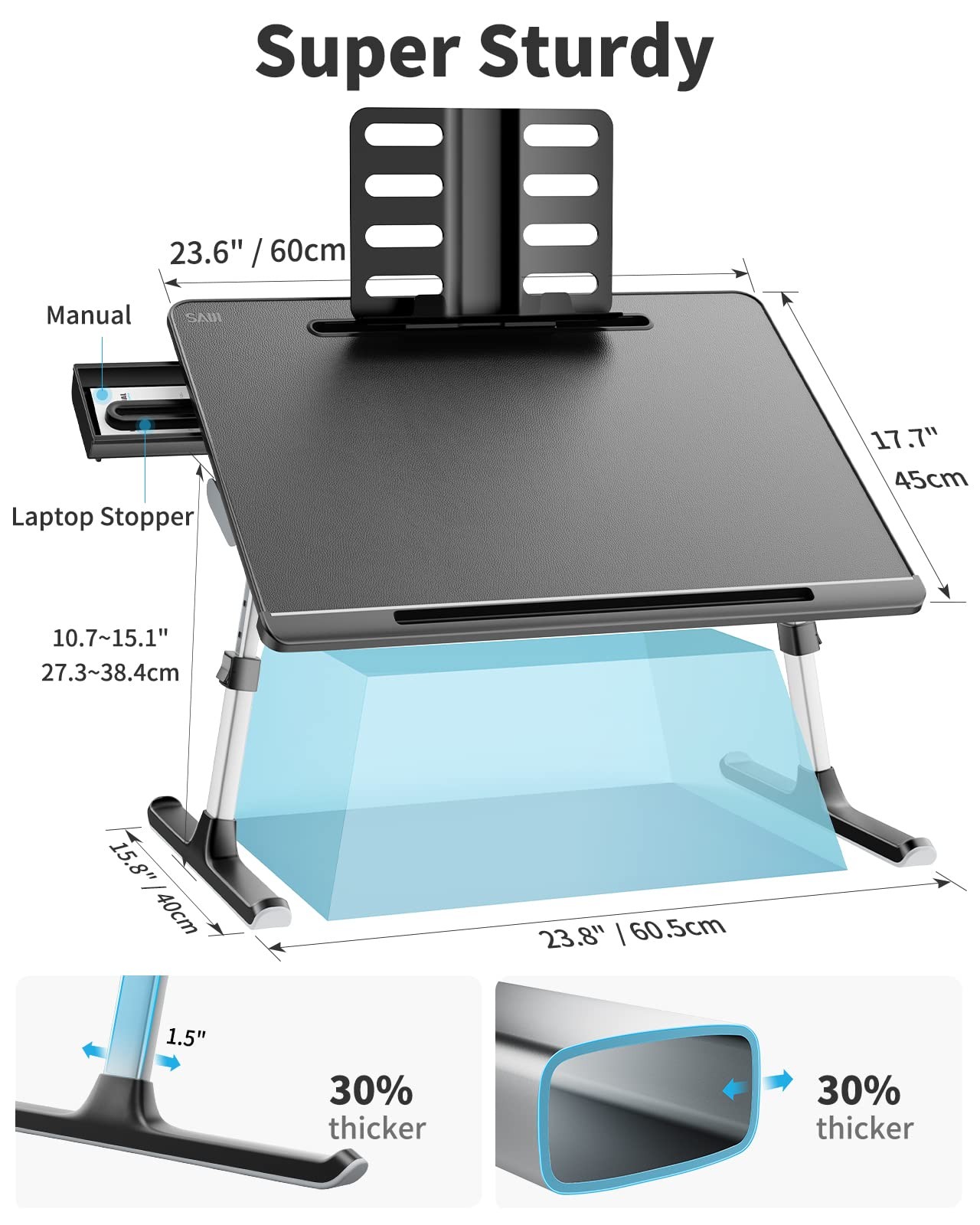 Laptop Bed Tray Desk, SAIJI X-Large Adjustable Table, 60*45CM, Black