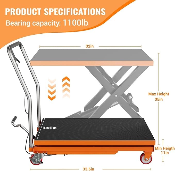 Garvee Hydraulic Scissor Lift Table Cart 1100Lbs 35.4″ Manual Heavy Duty Orange