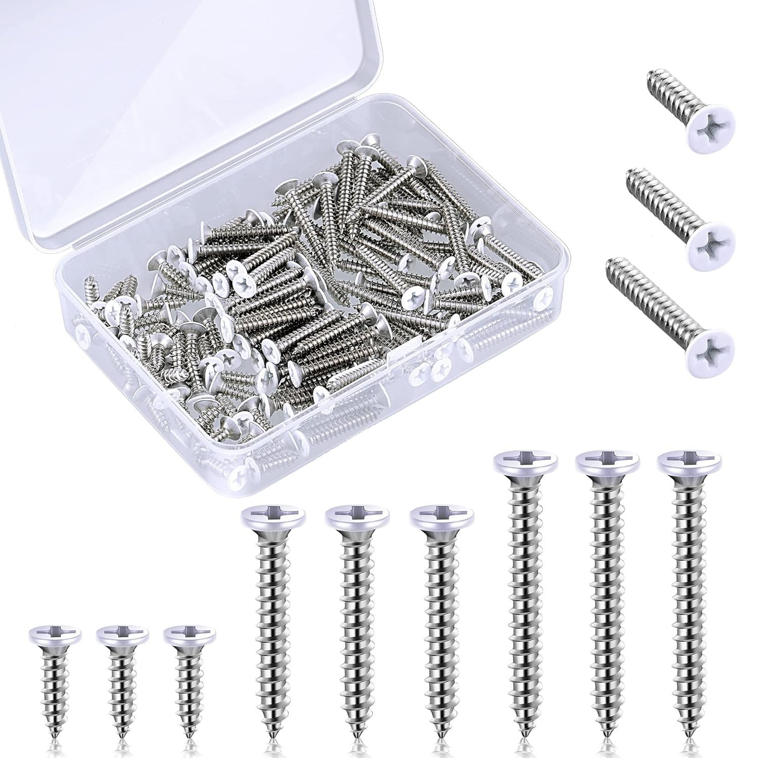 120 Pcs #8 White Head Wood Screws Self Tapping 3 Assorted Sizes for Wall