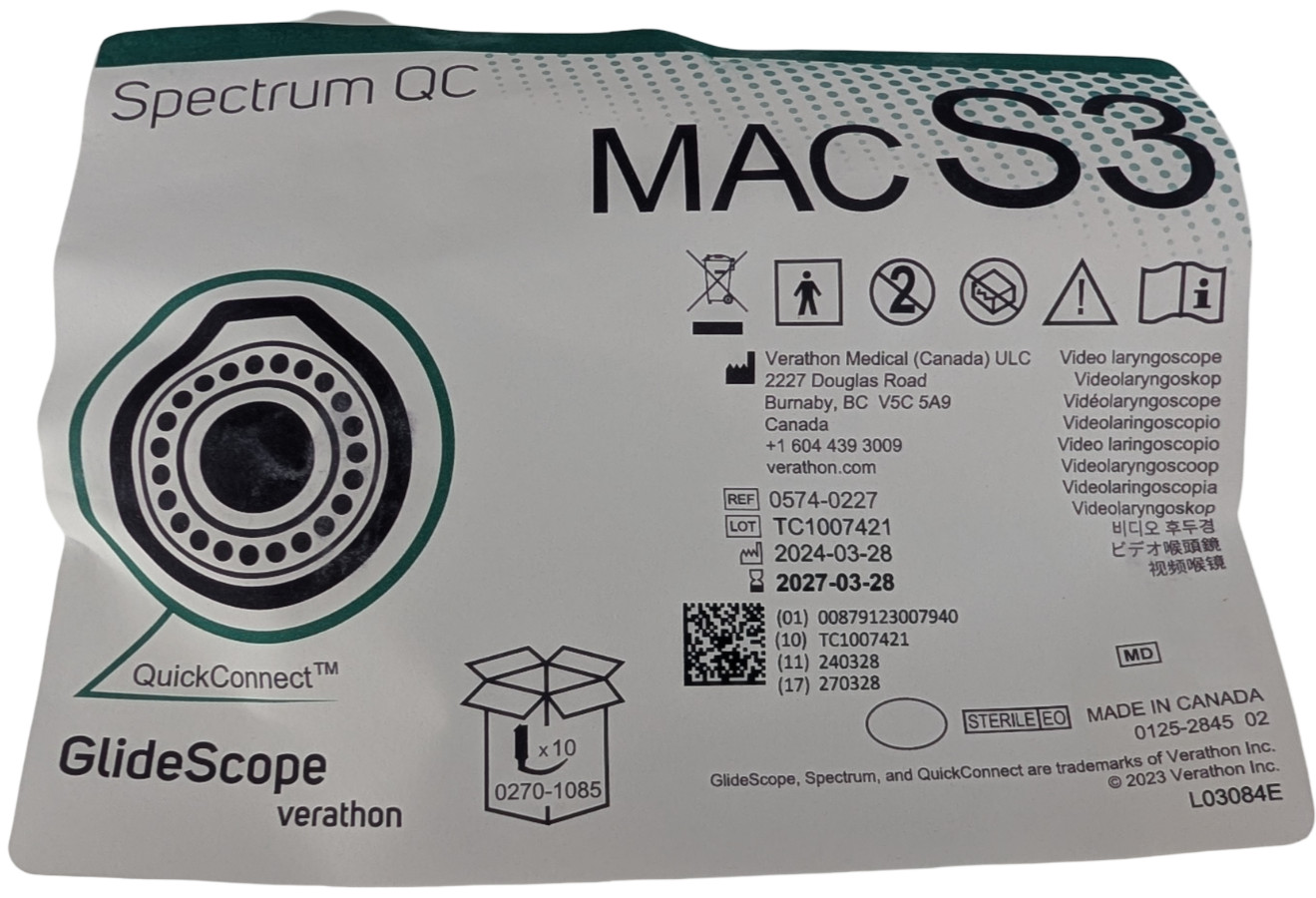 Verathon GlideScope Spectrum QC MAC S3 0574-0227 Single Use Blade