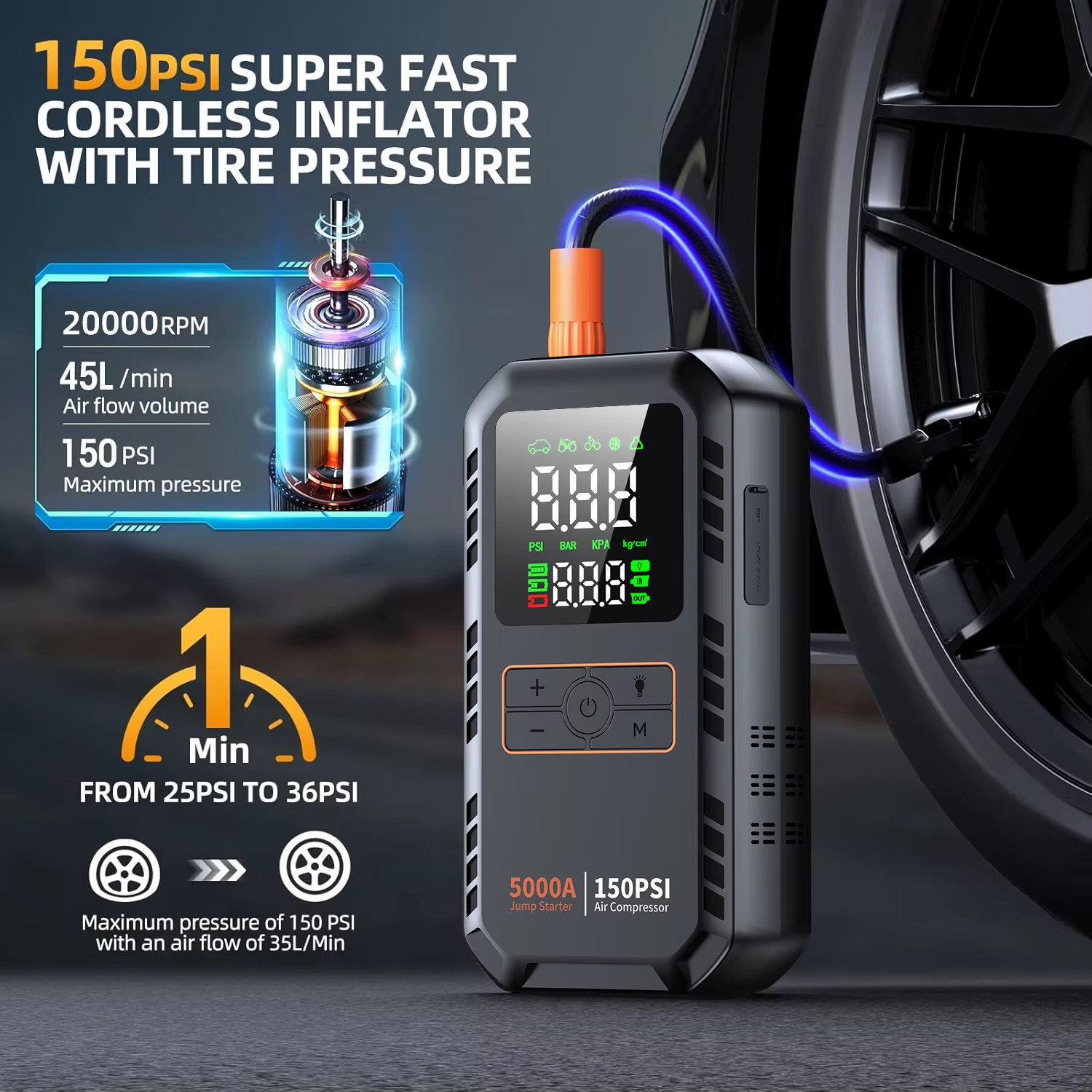 Car Jump Starter with Battery Booster Air Pump Portable Power Bank Tire Inflator