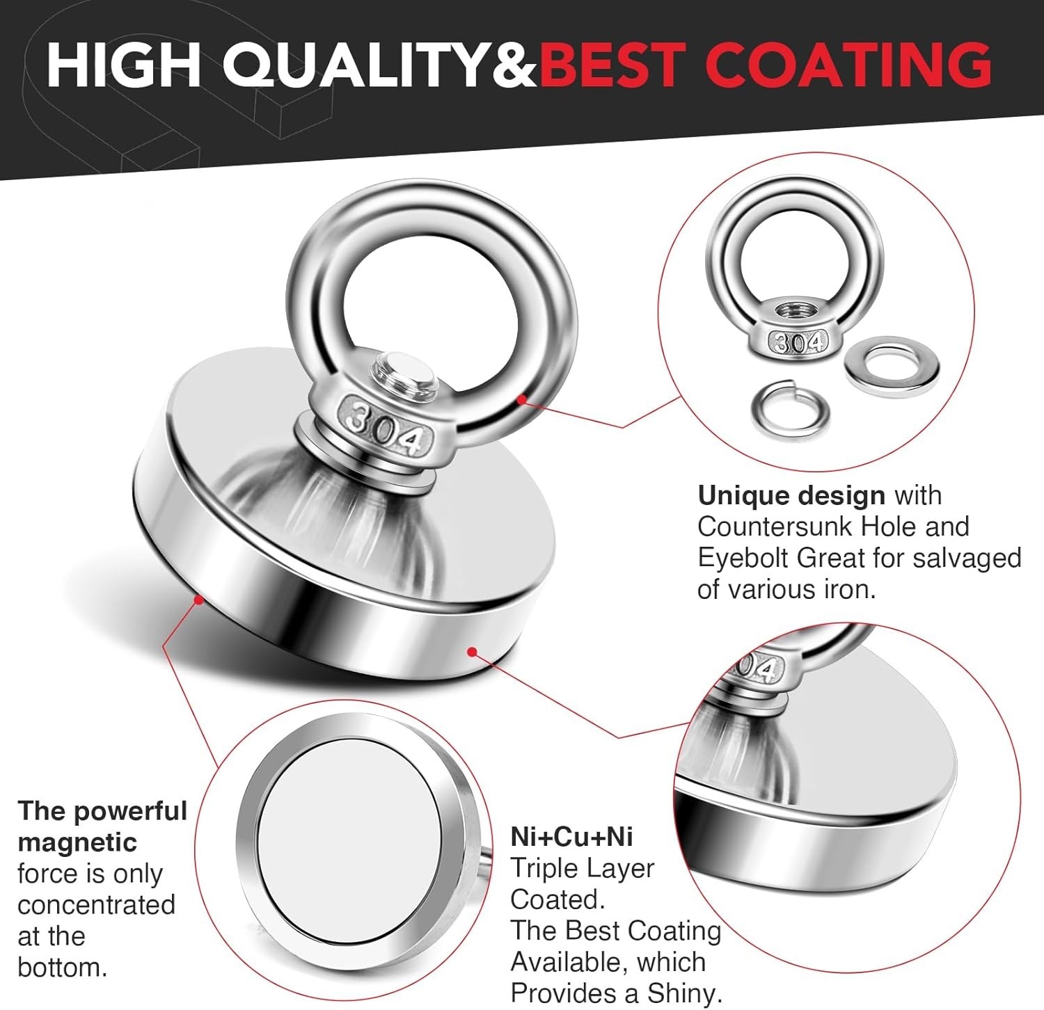 Strong Neodymium Fishing Magnets 300 lbs(136 KG) Pulling Force Rare Earth Magnet