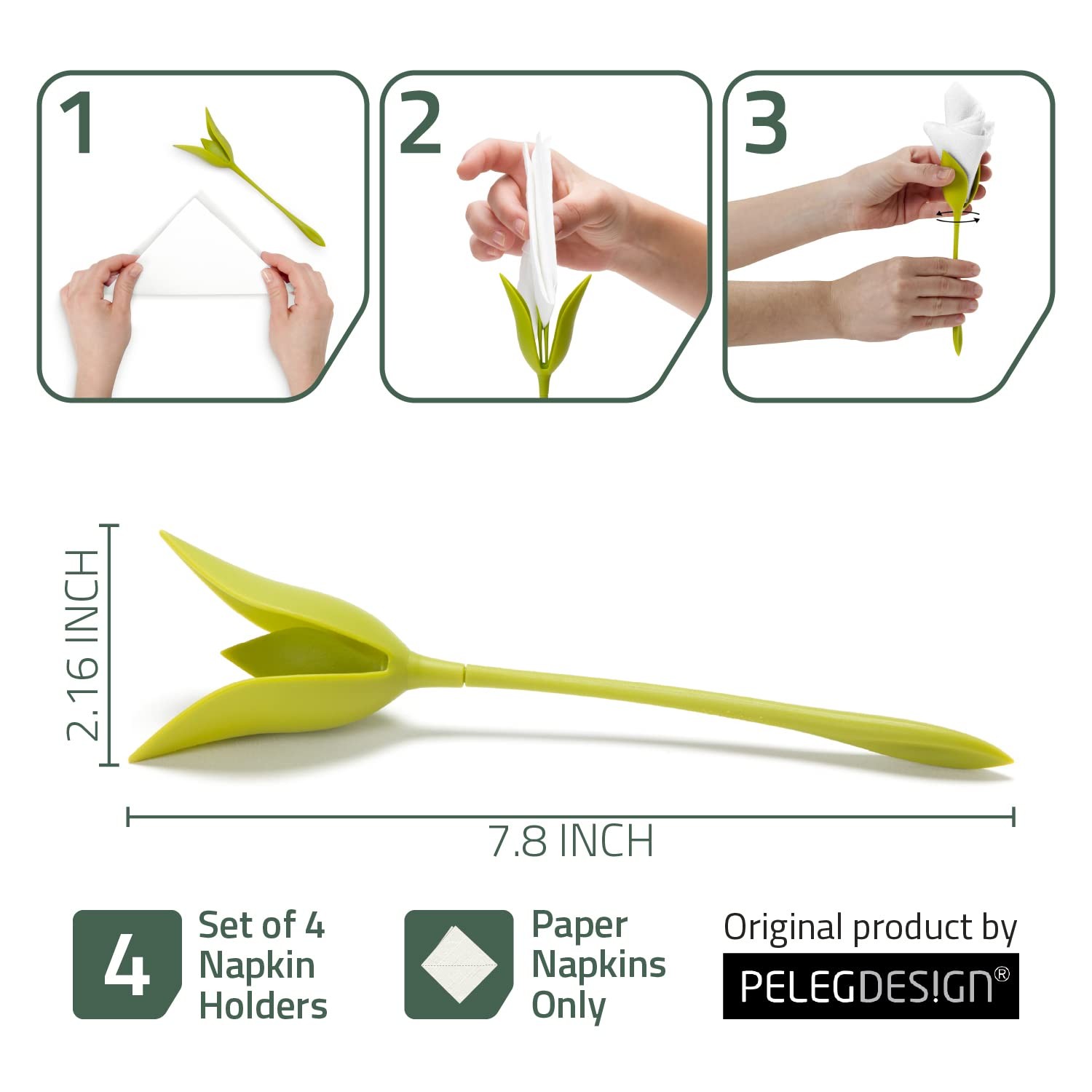 Peleg Design Bloom Napkin Holders for Tables, Set of 4 Green Stemmed Plastic Twi