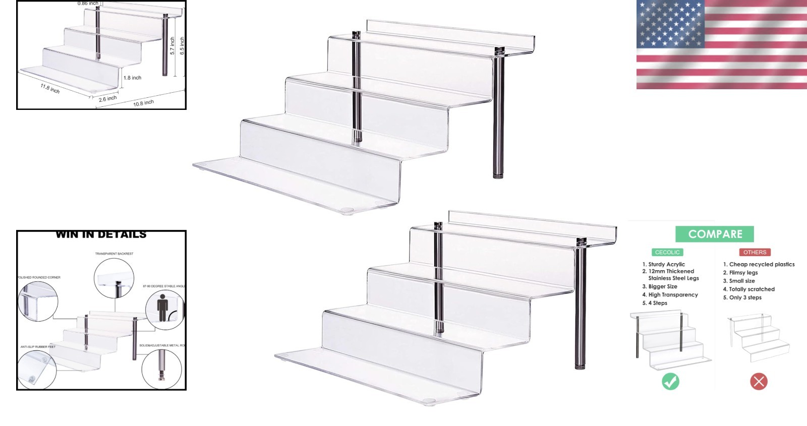 Clear Acrylic Riser Stand 4 Tier Pop Figure Display – 2 Pack