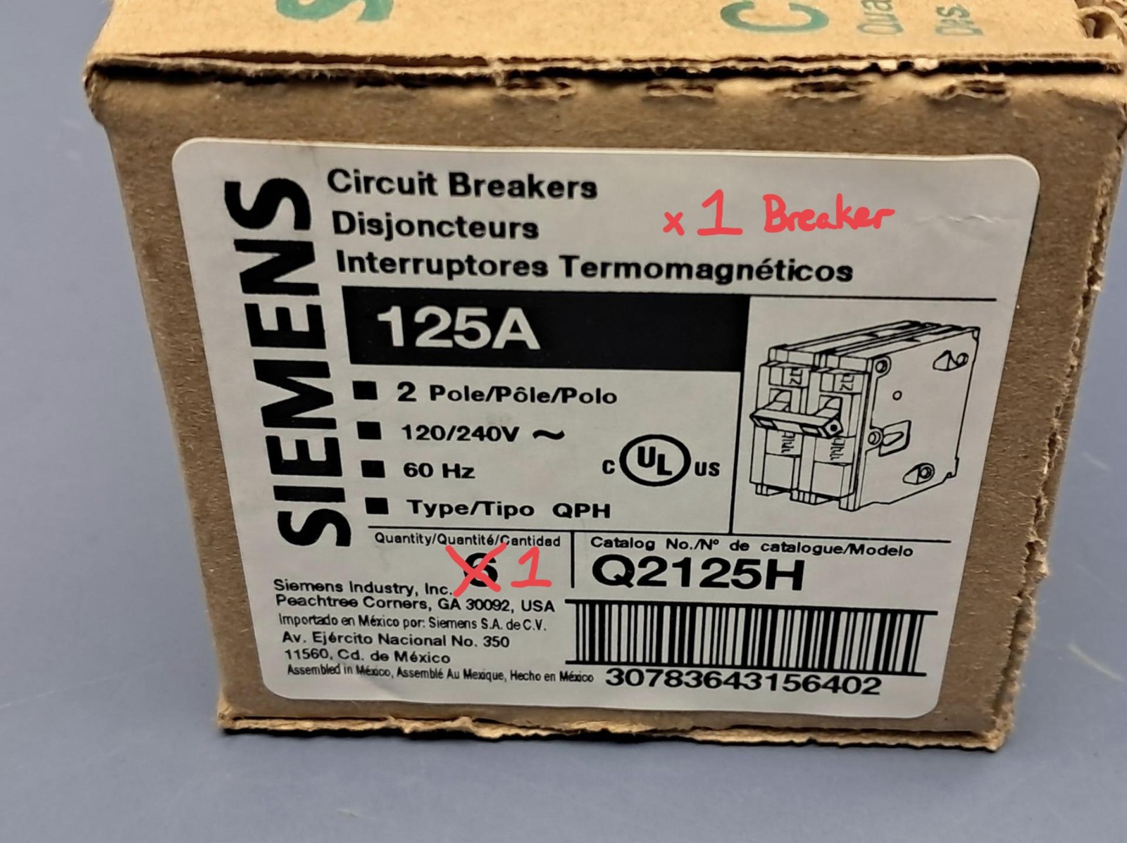 NEW Siemens Q2125H Circuit Breaker 2-Pole, 125 Amp, 120/240V, Type QPH, 22 kA