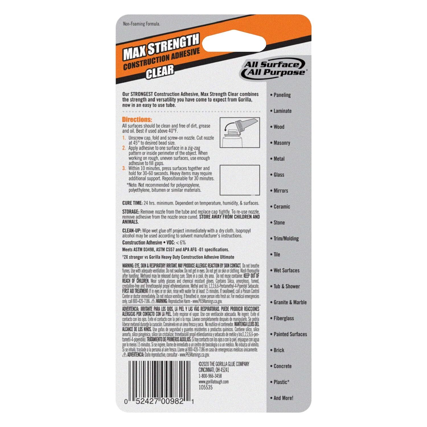 Gorilla Max Strength Construction Adhesive, Clear Glue, 2.5 Ounce Squeeze Tube