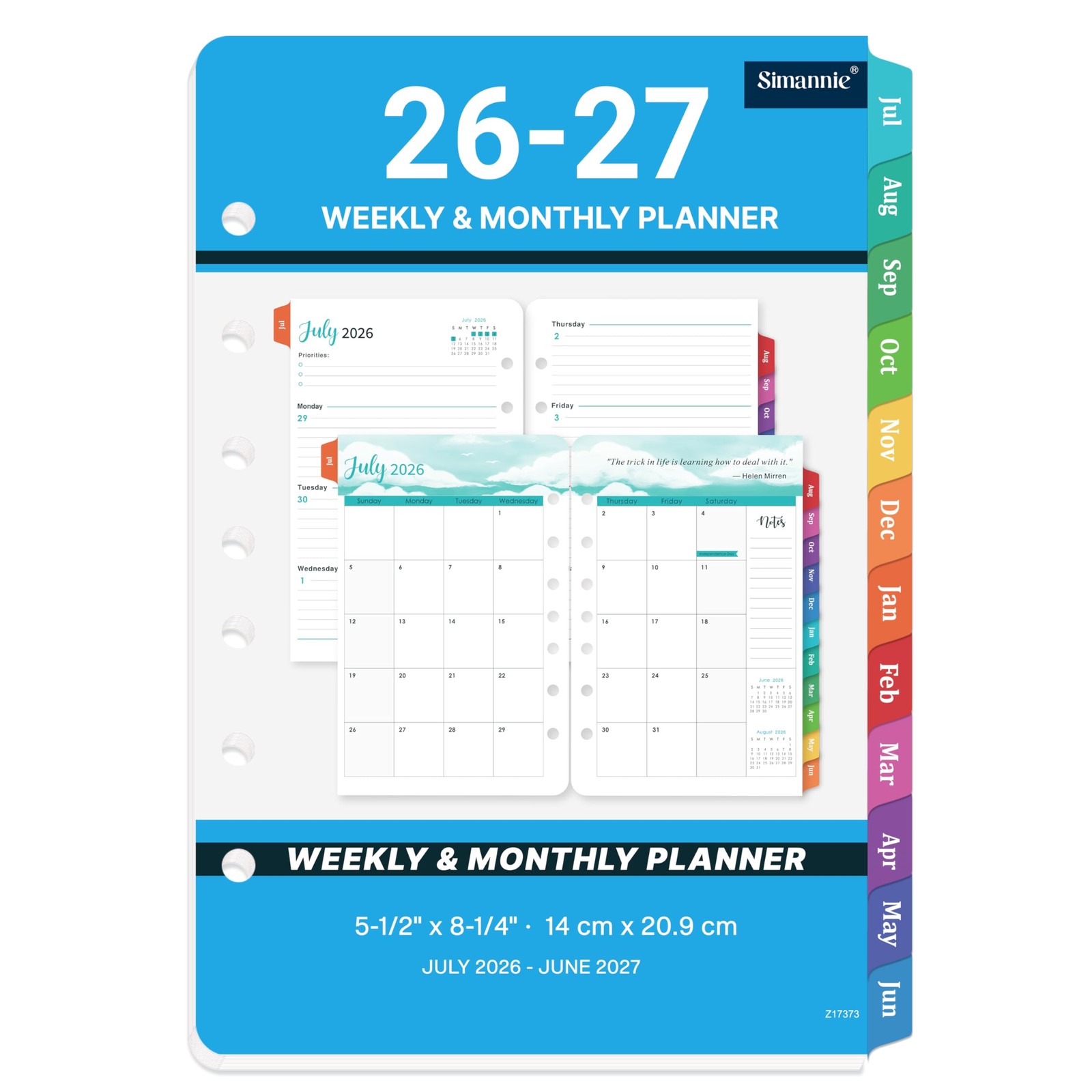 A5 Planner Refills 2026-2027 Weekly Monthly Inserts 7 Hole Jul26-Jun27 Tabs (