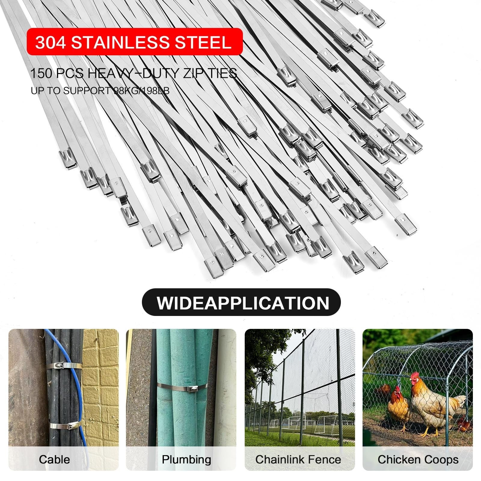Stainless Steel Cable Tie Gun Kit-304 Heavy Duty Metal Zip Ties, 200LBS Tensile