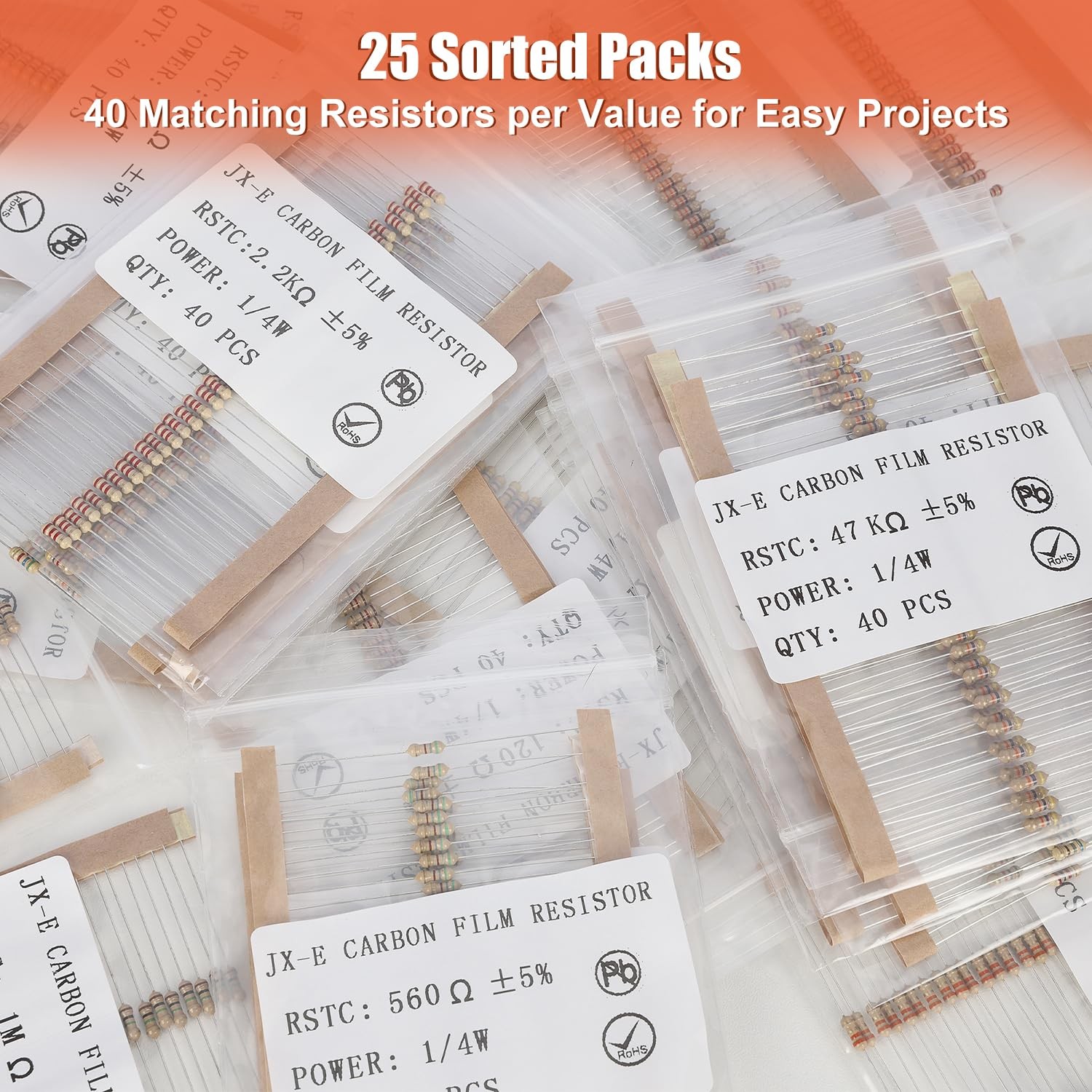JX-E Resistors Assortment Kit, 1000 Pcs 25 Values 1 Ohm to 1M 1/4W…