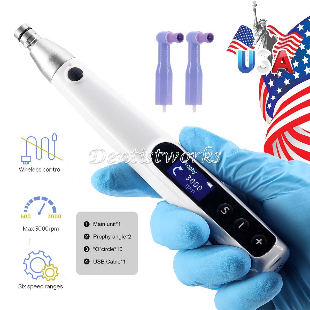 Dental Wireless Electric Hygiene Prophy Handpiece +2Pcs Universal Prophy Angles