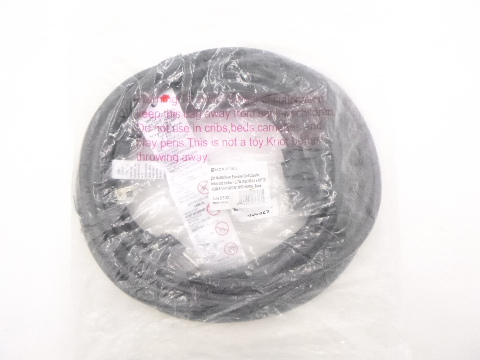 25′ 14AWG Monoprice 5303 Power Extension Cord for Indoor and Outdoor Use