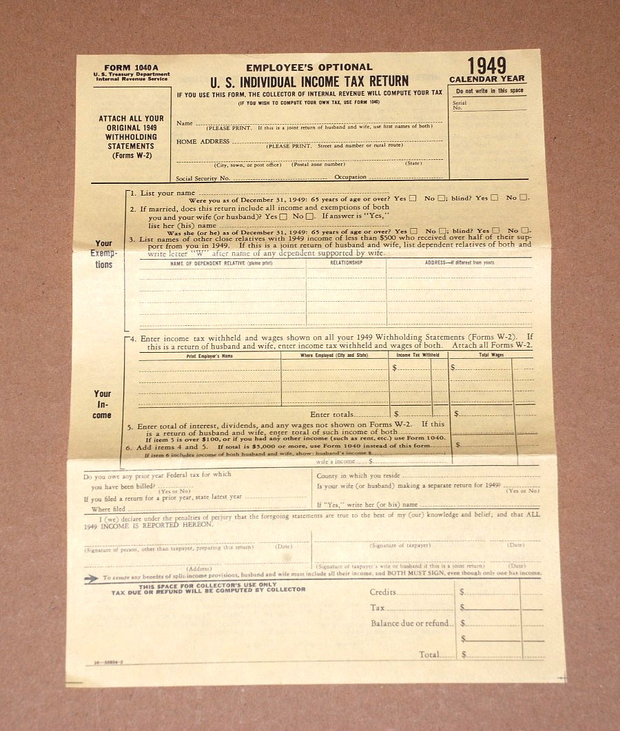 United States U.S. INDIVIDUAL INCOME TAX RETURN Form 1040A Unused IRS VTG 1949