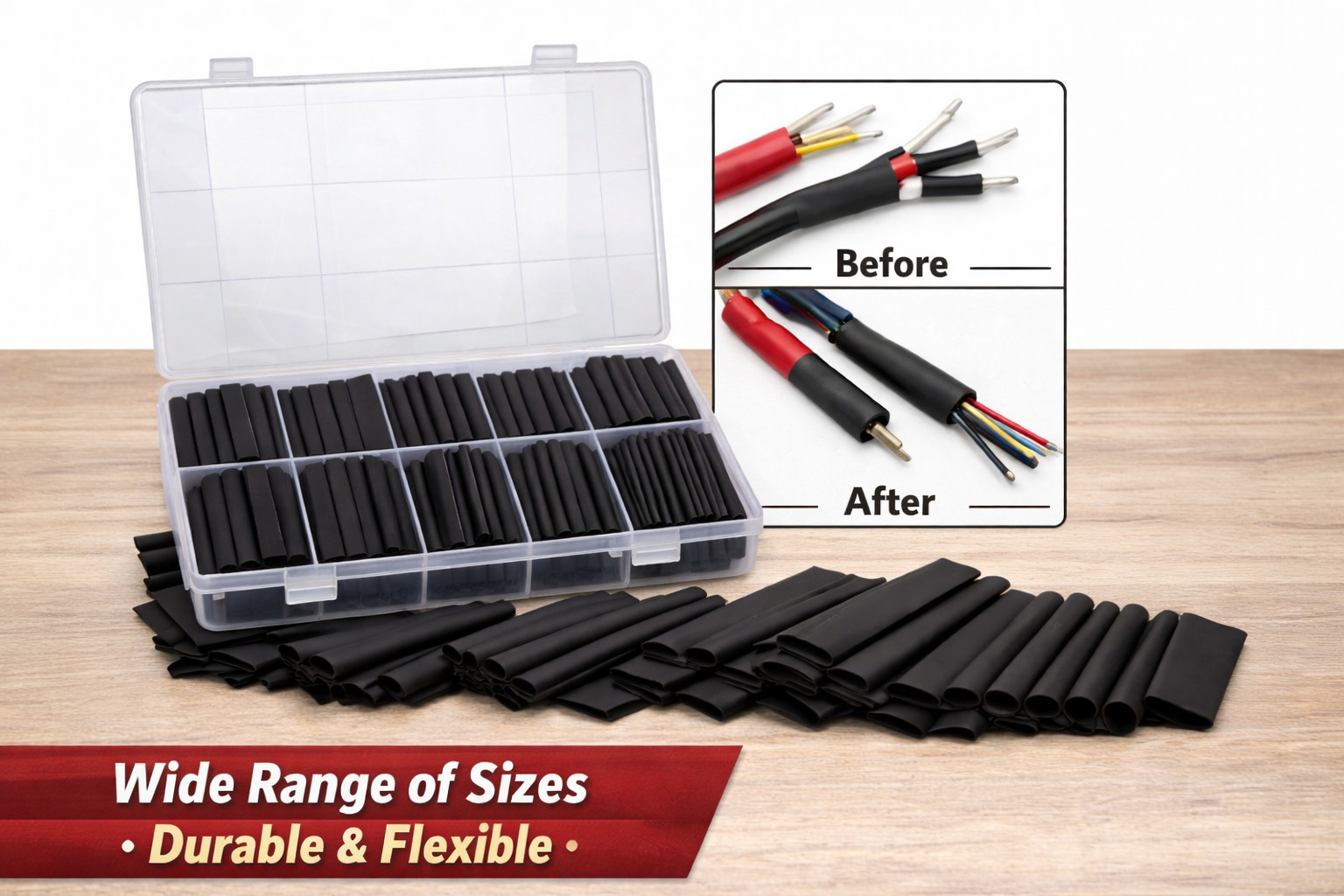 120PCS Heat Shrink Tubing Kit 2:1 Black Assorted Sizes 4 Inch Polyolefin Tube
