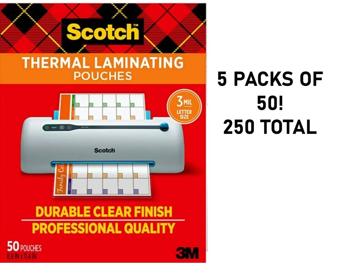 5 PACKS Scotch Thermal Laminating Pouches 3 Mil 8.9×11.4 Letter Size 250ct Clear