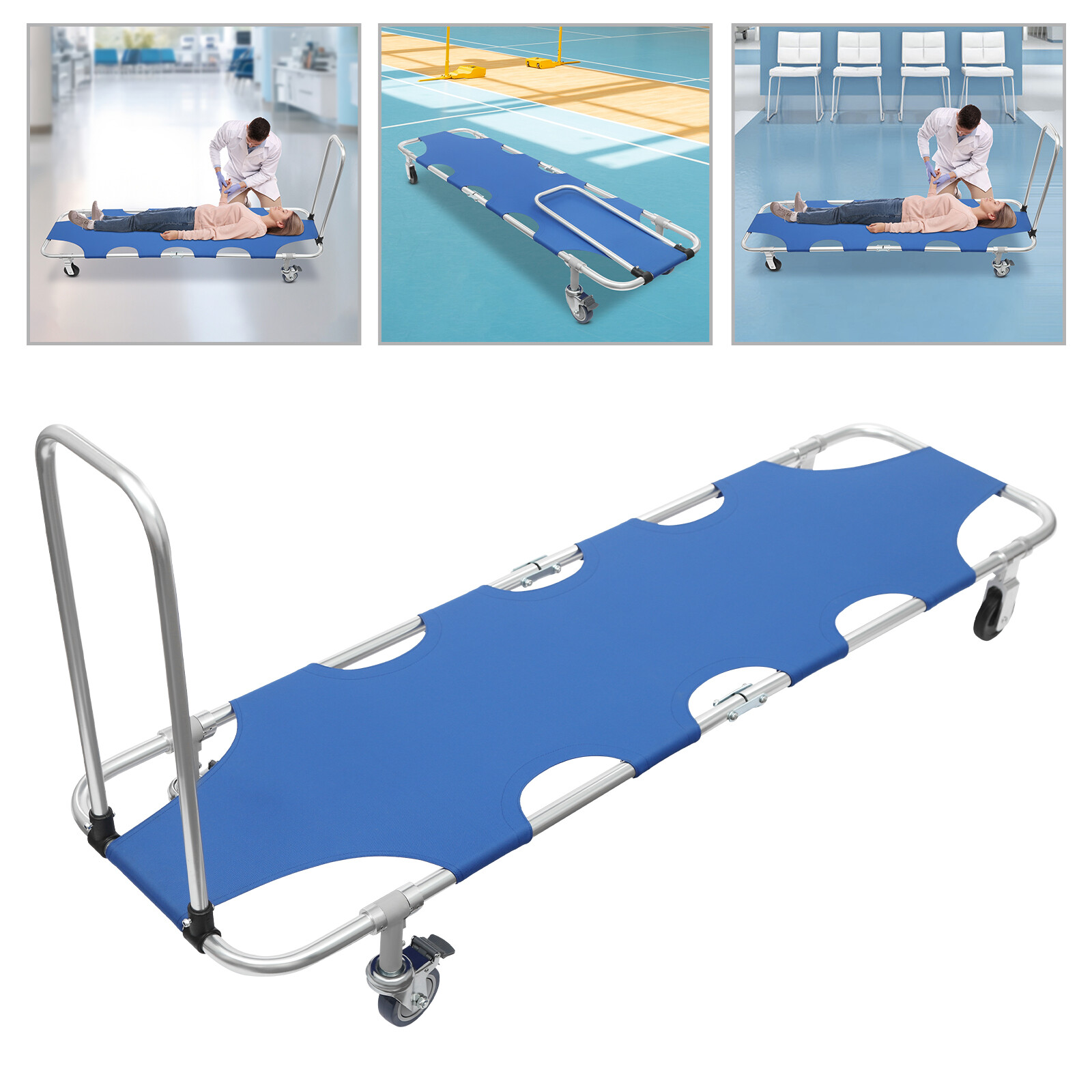 350lbs Folding Stretcher for Medical Emergency with Trolley 4 Wheels & Straps