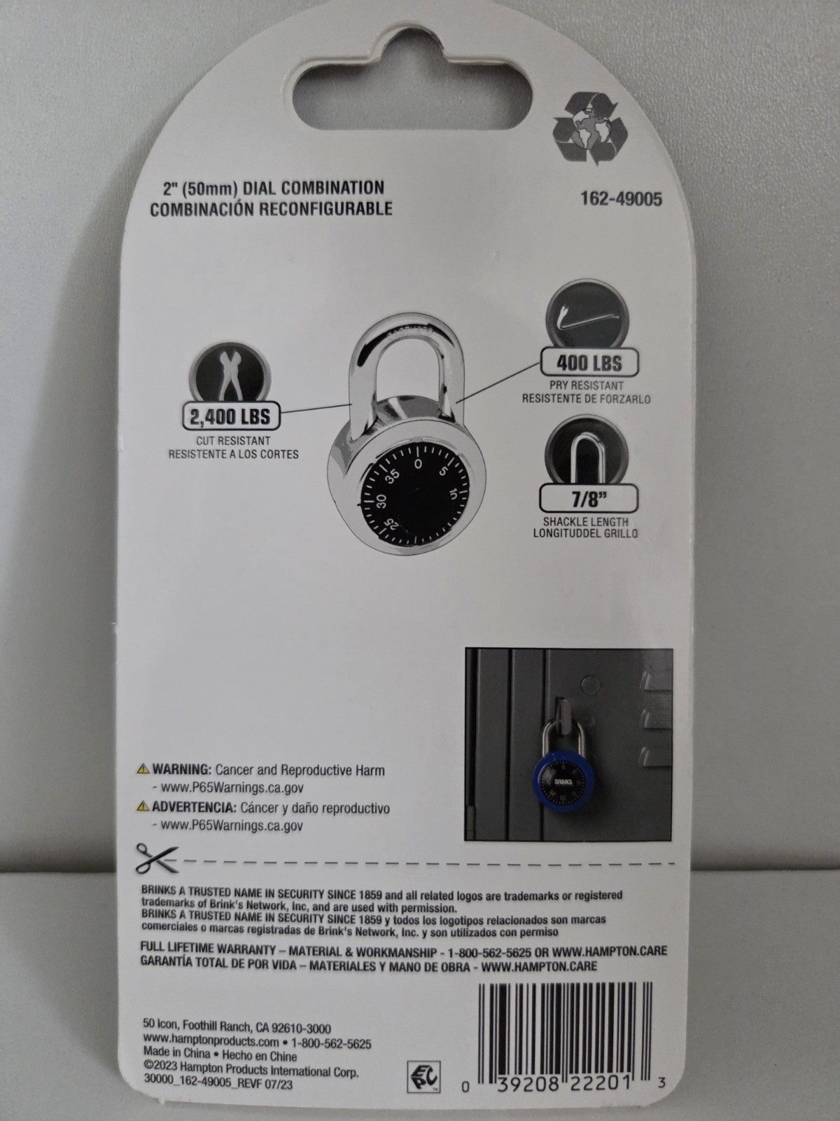 Brinks 2″ Dial Resettable Combination Padlock Steel Body/Shackle 162-49005