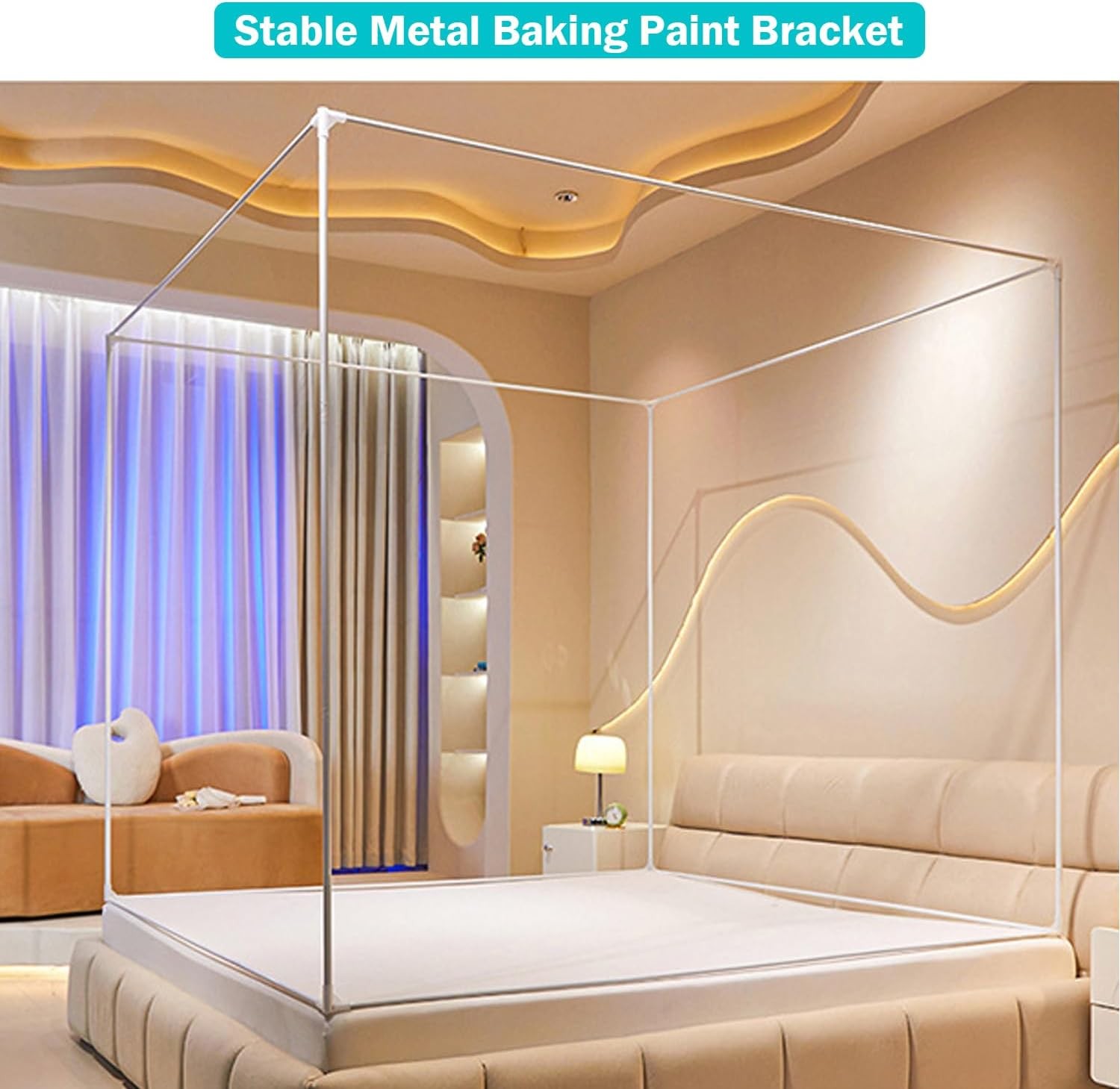 Queen Size Painted Stainless Canopy Bed Frame，with Covered Mosquito Net and 3PCS