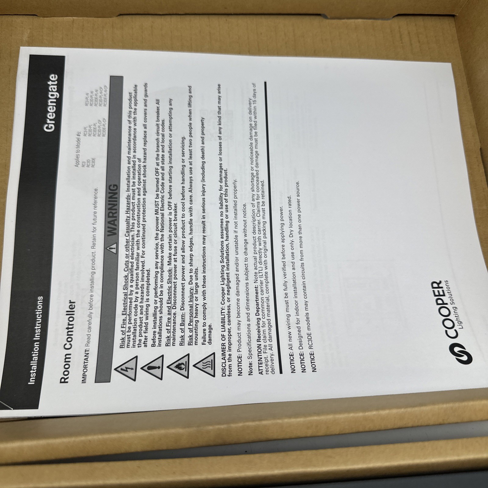 New! COOPER GREENGATE RC3D-PL DIMMING SYSTEM ROOM CONTROLLER, LIGHTING CONTROL