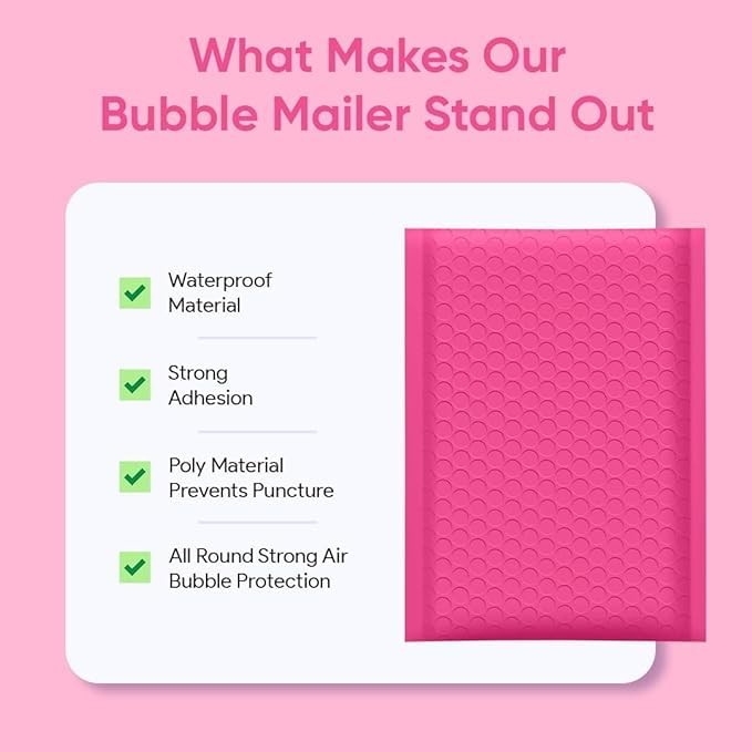Hot Pink 7.25×12, Poly Bubble Mailers, (#1), Padded Envelopes, Package Bags, Shi