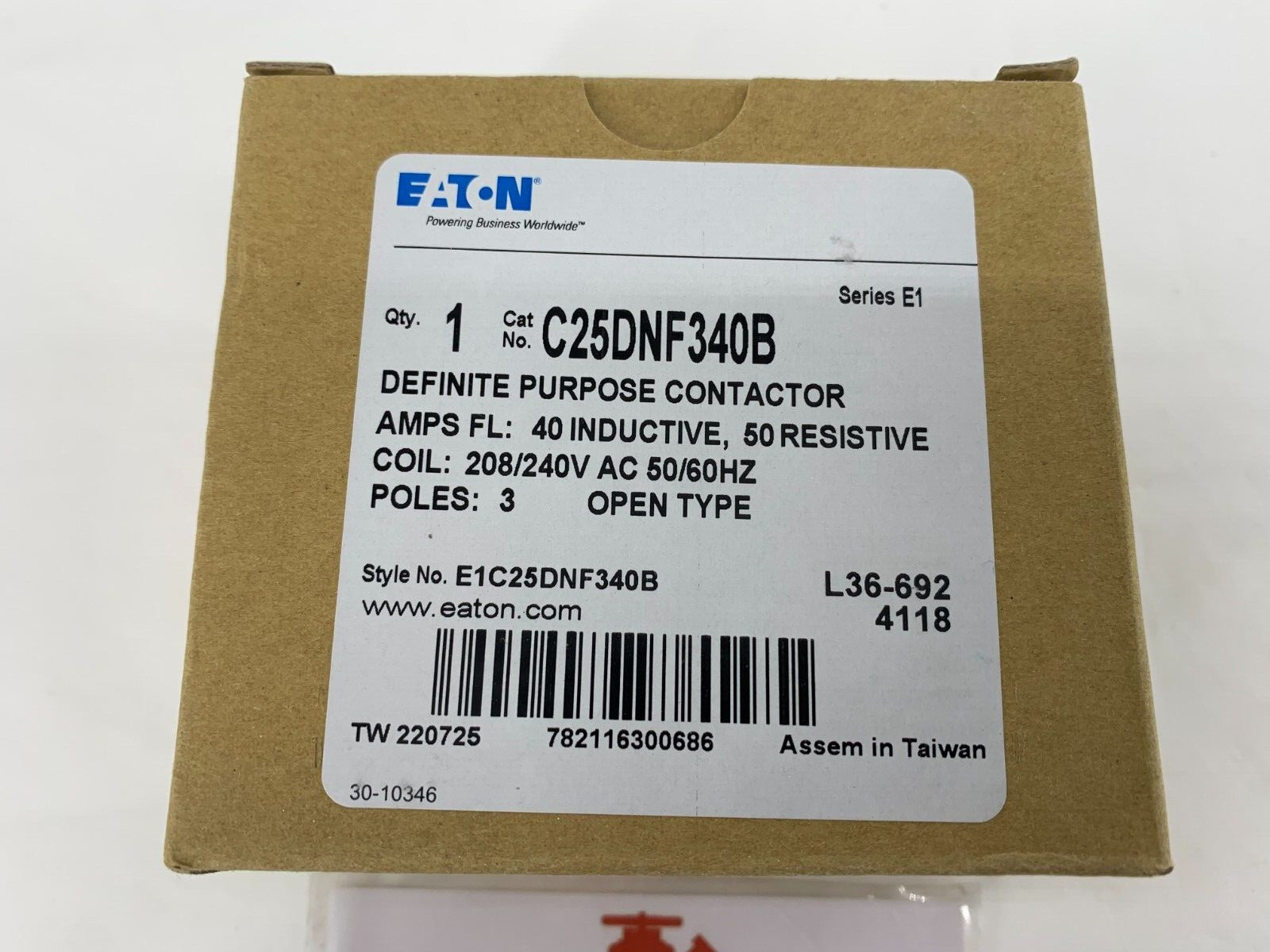 Eaton C25DNF340B Definite Purpose Contactor 208/240V Coil 40A 3P Open Type