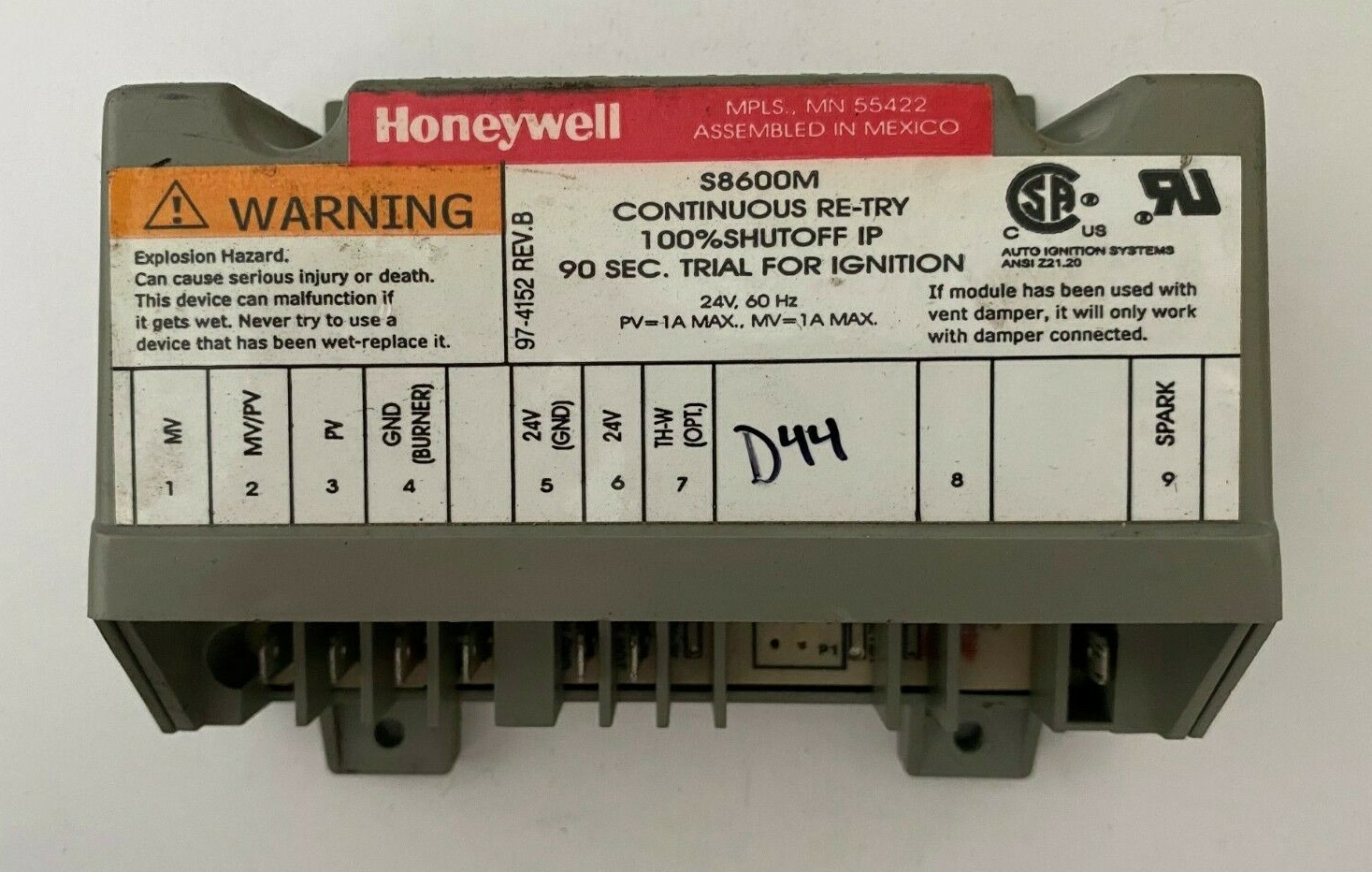 Honeywell S8600M1005 Furnace Ignition Control Module S8600M #D44