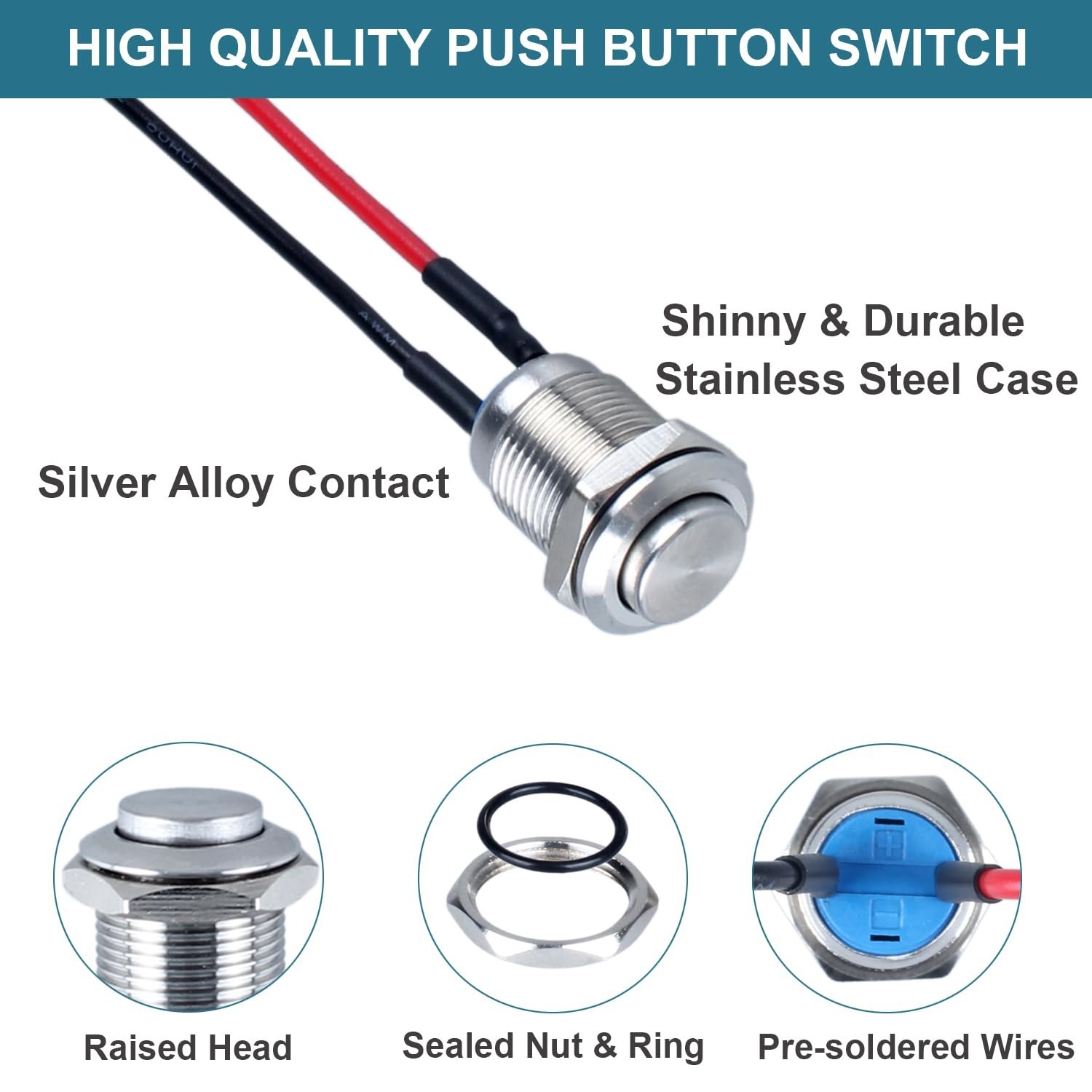 5-Pcs 12 mm Momentary Push Button Switch Waterproof Push Button Switch Round