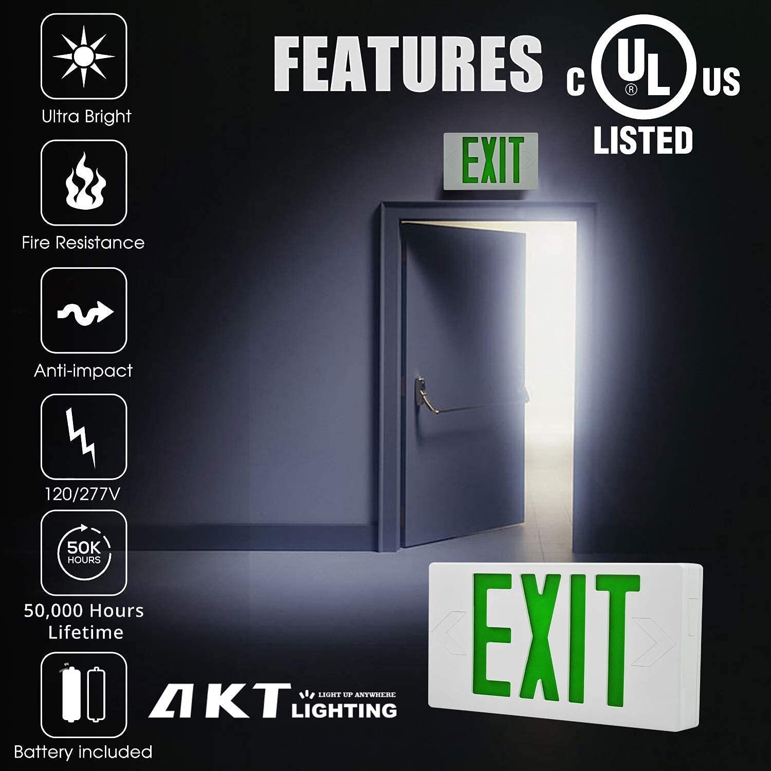 GREEN LED Emergency Exit Light Sign – Battery Backup UL924 Fire (GREEN SIGN)