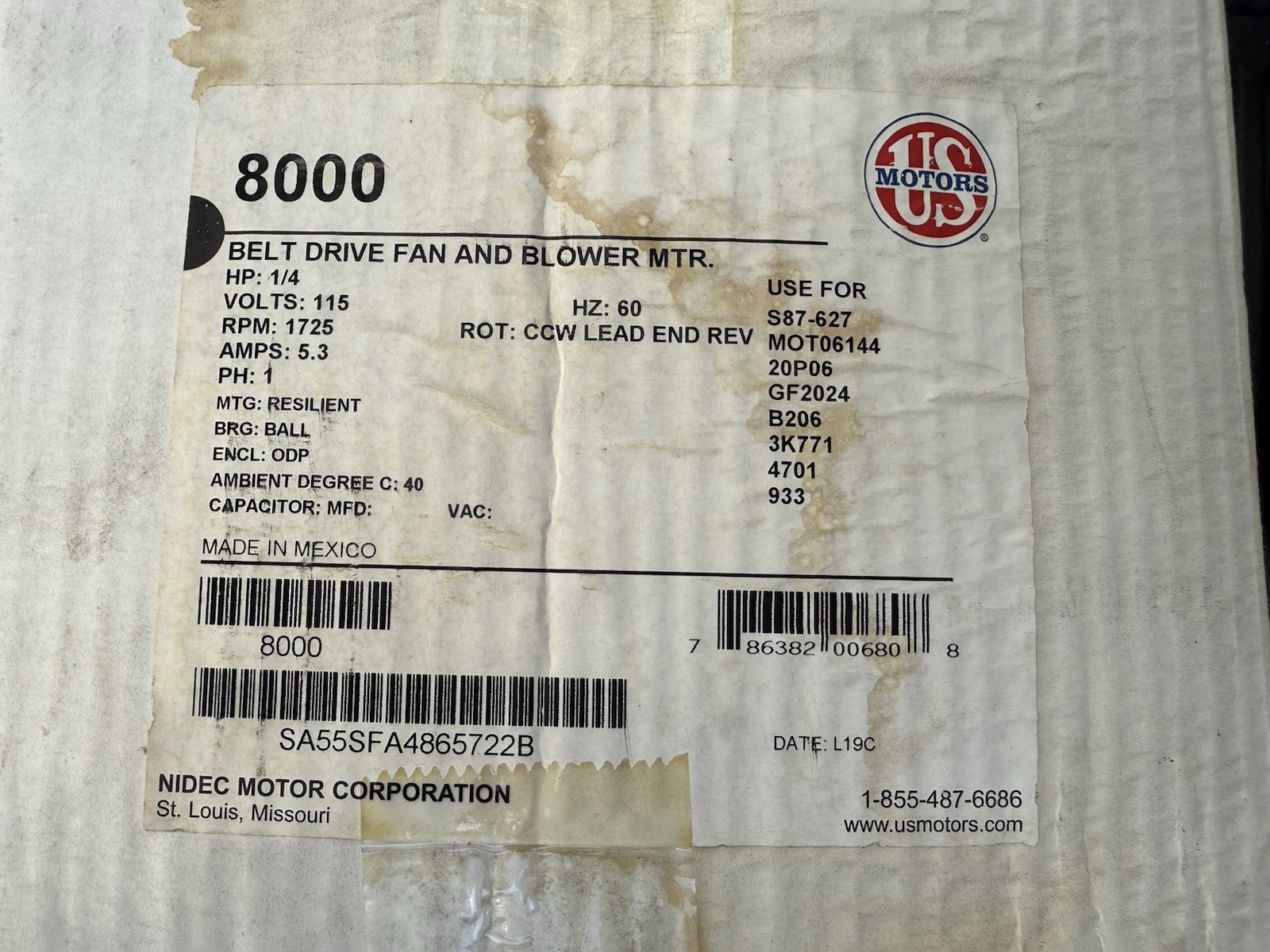 US MOTORS 8000 BELT DRIVEN FAN & BLOWER MOTOR 1/4 HP 115 V 5.3 AMPS New In Box