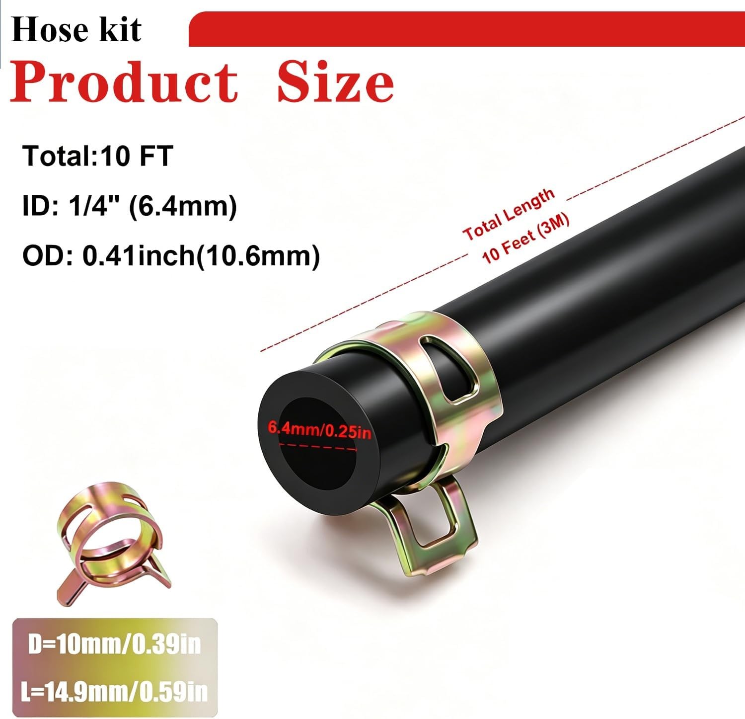10Ft 1/4 Inch Fuel Line Hose with 20 Clamps, Rubber Fuel Line for Lawn Mower Dir