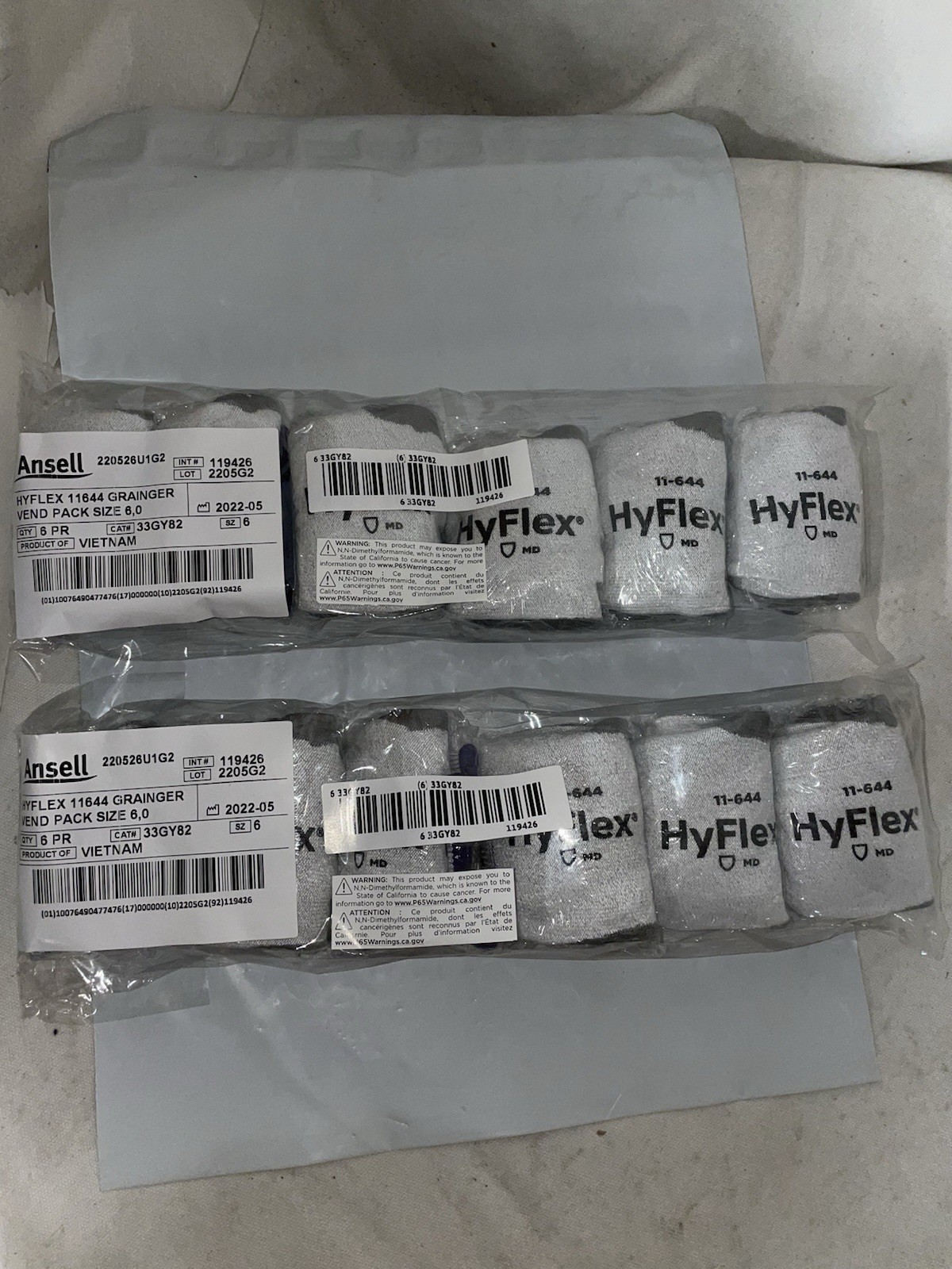 12 Pair Ansell HyFlex 11-644 Size 6 (Extra Small) Gloves ANSI Cut A2 ANSI ABR 5