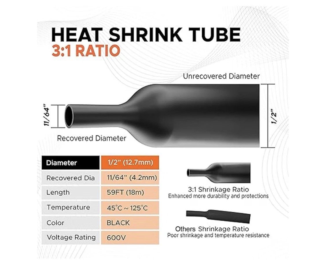Adhesive Lined Heat Shrink Tubing 1/2″ – 50ft Black, 3:1 Ratio, Durable