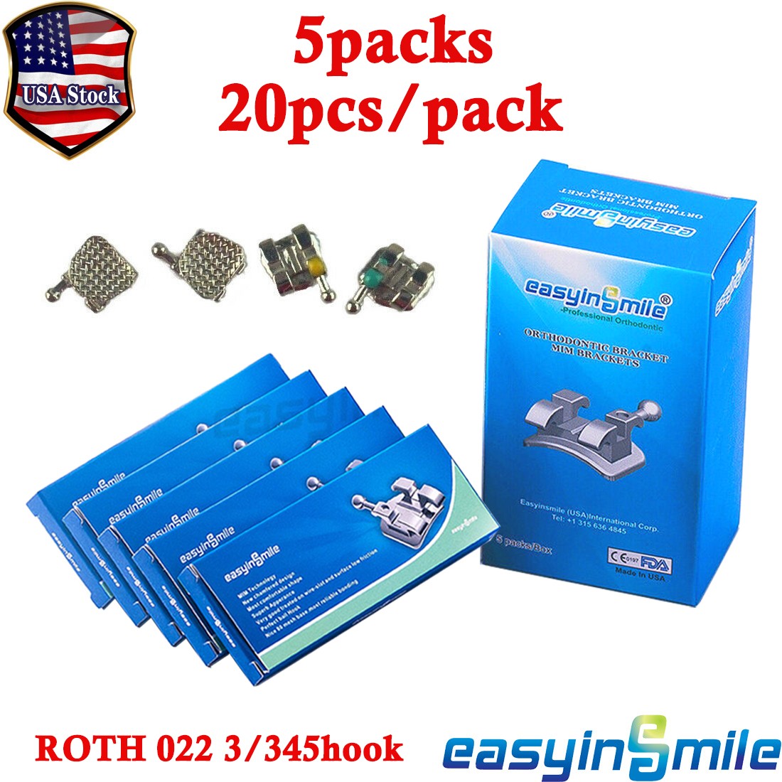 5Packs Dental Orthodontic Brackets Mini Metal MBT/Roth 022” 3/345Hooks Braces