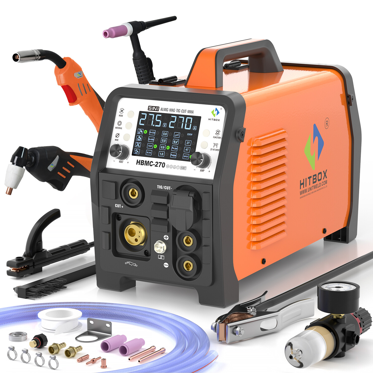 HITBOX 6in1 200A Aluminum Gas Gasless MIG TIG Stick Plasma Cutter Welder+Helmet