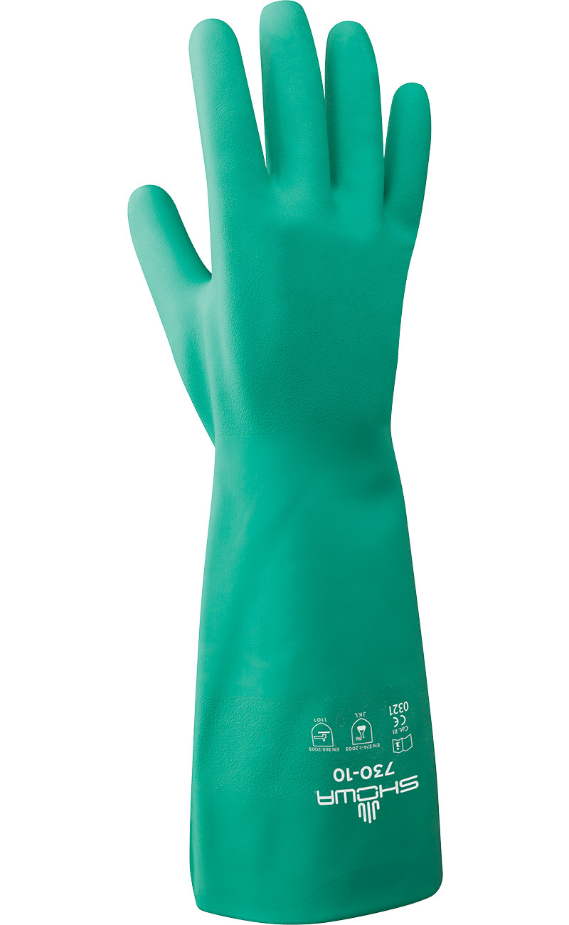 Showa 730 Green Flock Lined Chemical Resistant Cleaning Nitrile Gloves 15 mil