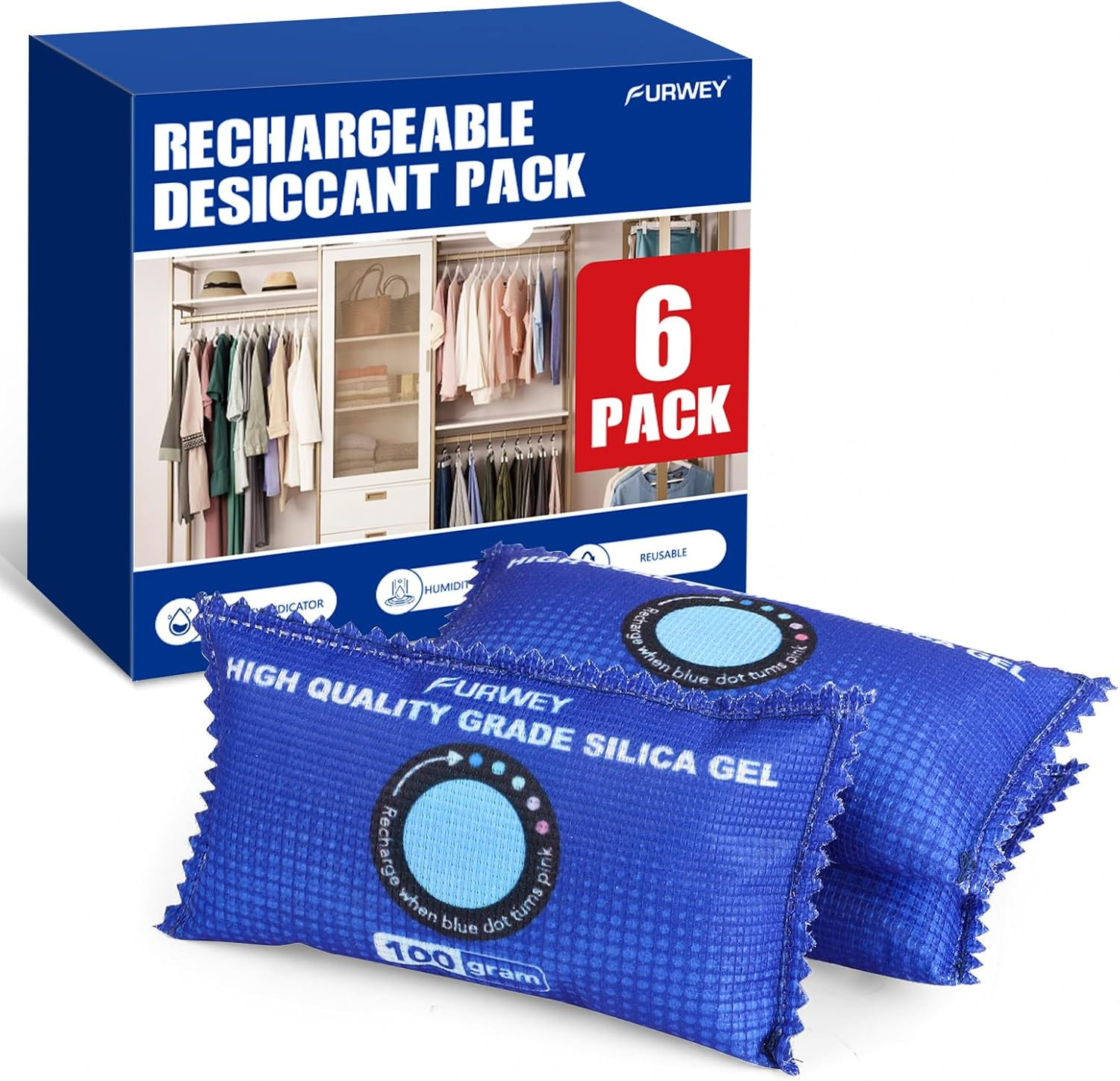 100G (6 Packs) Rechargeable Desiccant Packs for Storage, Color Indicating Silica