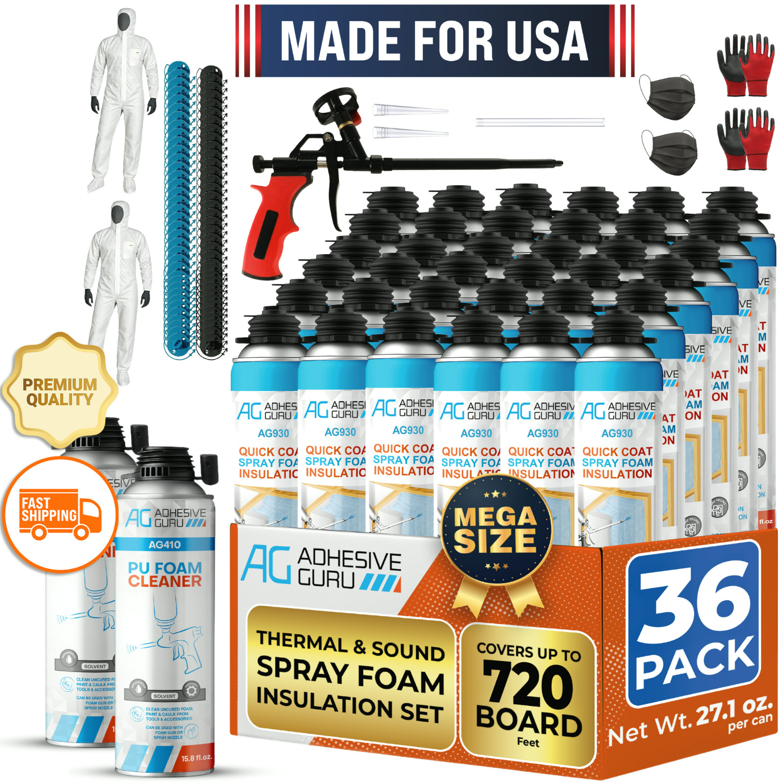 QuickCoat Closed Cell Spray Foam Insulation Kit for Wall–36×32.8oz Covers 720