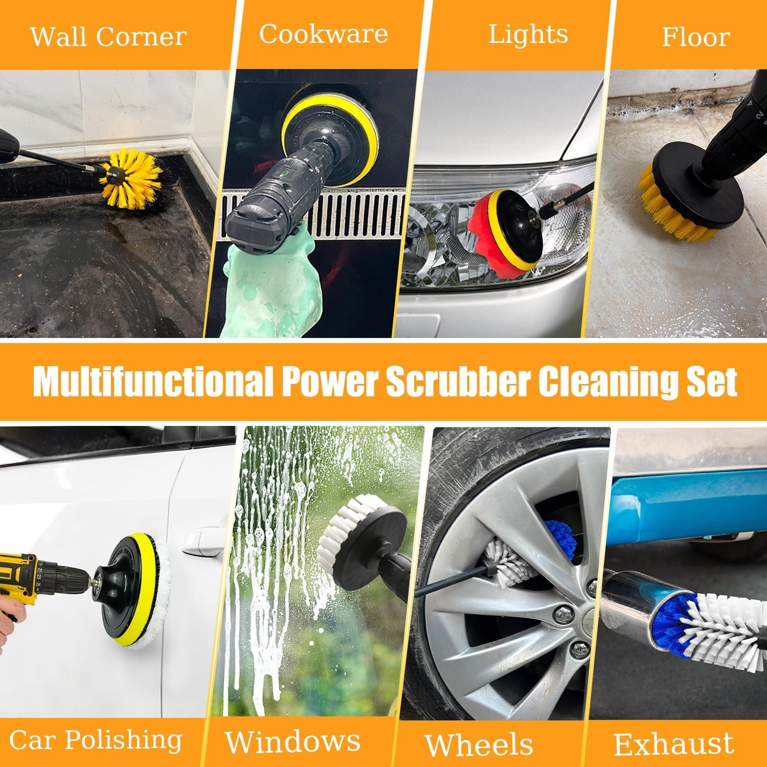 15pc Drill Brush Cleaning Kit for Car Bathroom Tile Tub Grout Floor Boat Kitchen