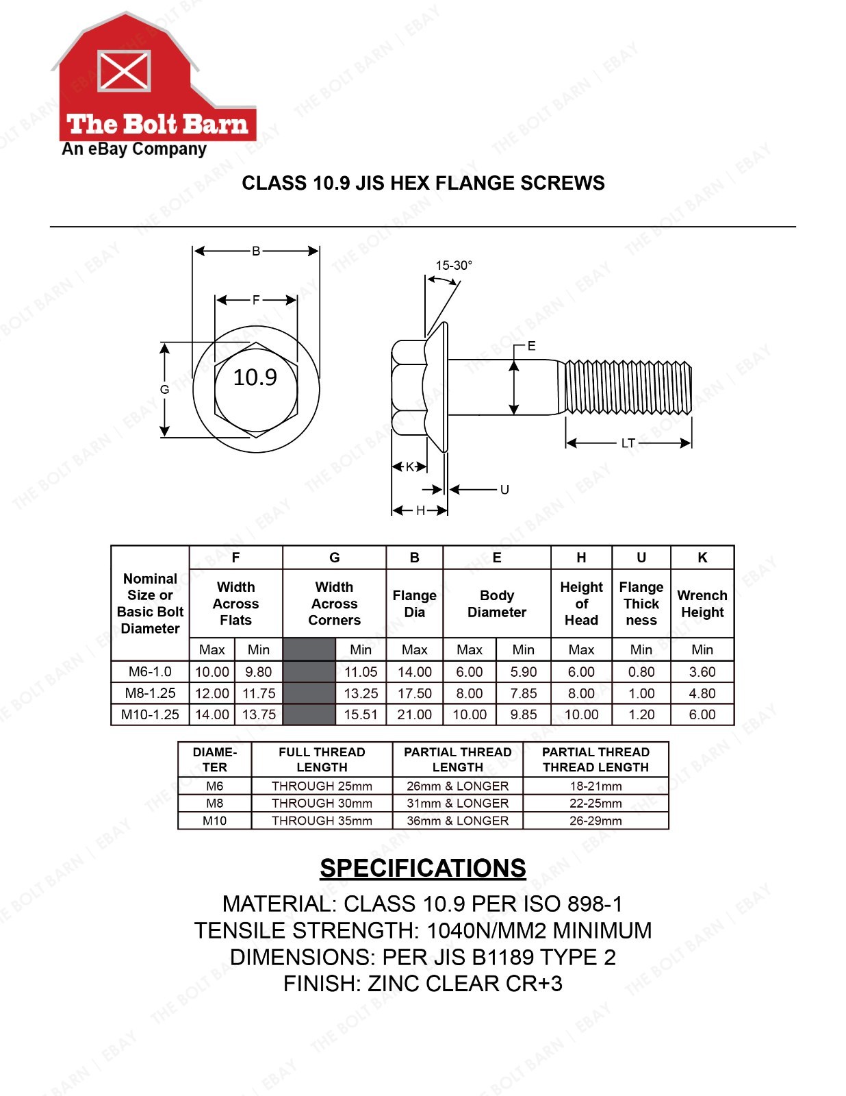 (10) M10-1.25×60 Class 10.9 JIS Hex Flange Bolts & (10) M10-1.25 Flange Nuts