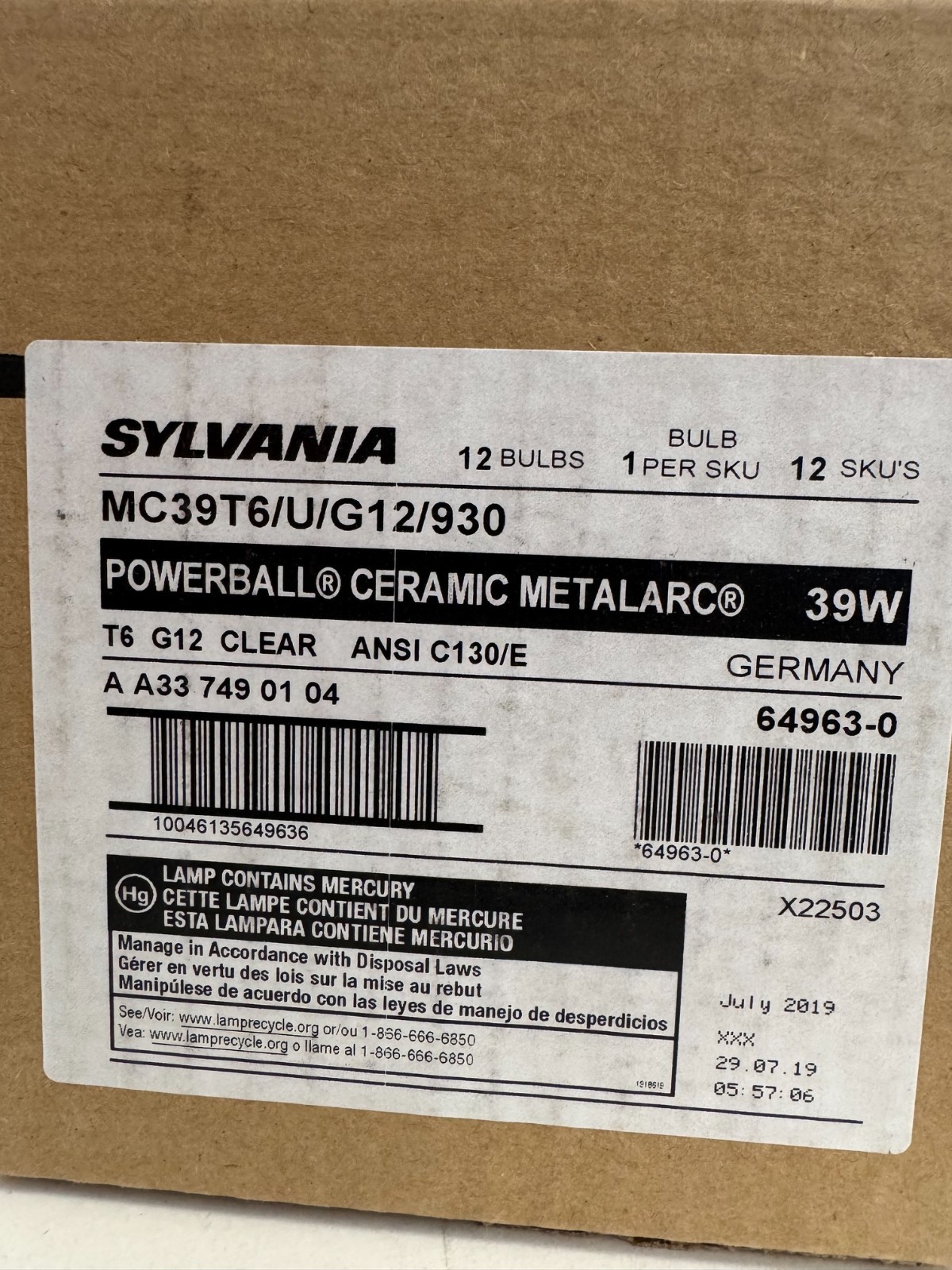 12 Piece Sylvania 64963 MC39T6/U/G12/930 39W T6 Clear G12 Ceramic HID 3000K
