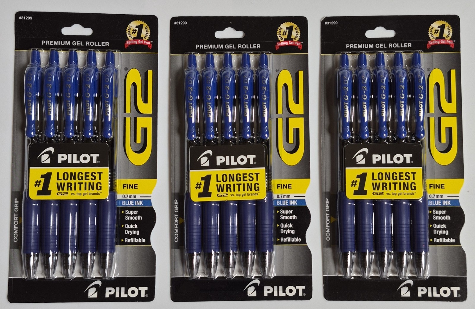 15 TOTAL Pilot G2 Gel Pens Blue Ink Fine 0.7mm 3 Packs of 5 Pens, Sealed, NEW