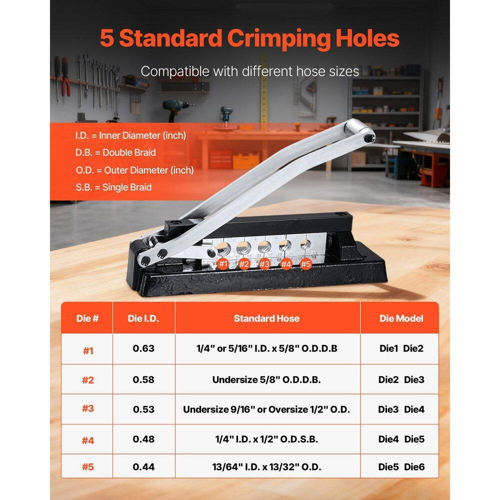 Heavy Duty Ferrule Hose Crimper, 0.44In.-0.63In. Crimping Range, Standard Bench