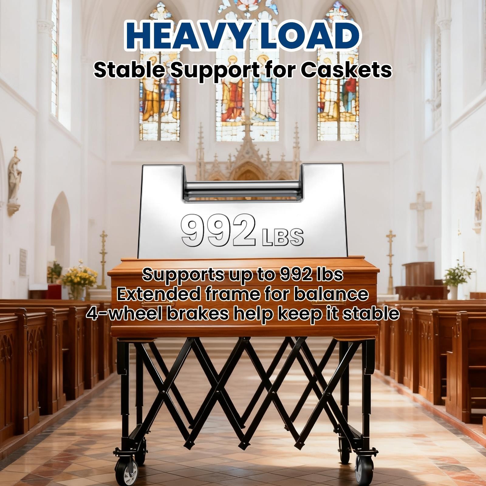 992 Lbs Heavy Duty Funeral Casket Cart Foldable Mortuary Stretcher Stand with Wh