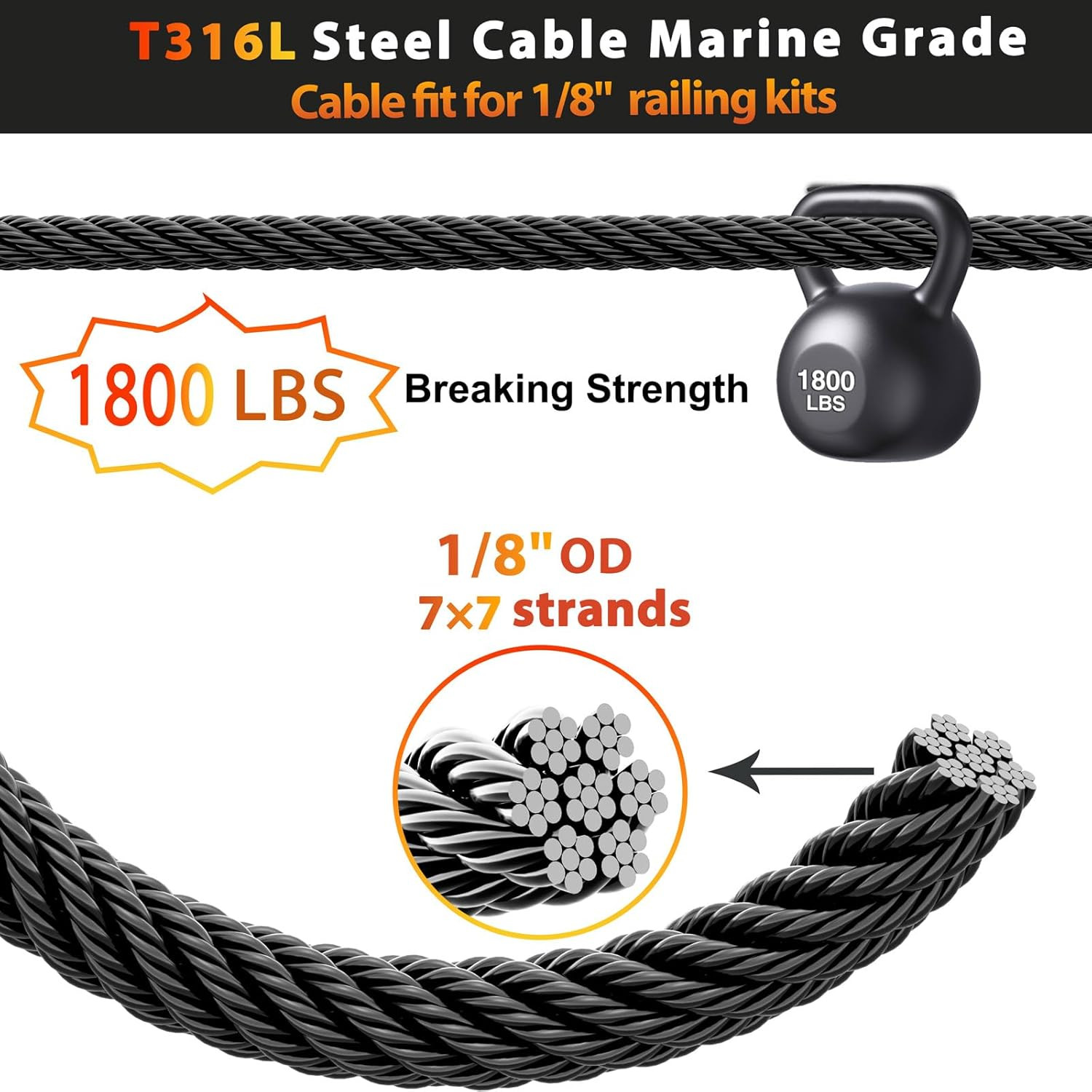 700Ft 1/8″ Black Cable Railing Wire Rope, T316L Marine Grade Stainless Steel Cab