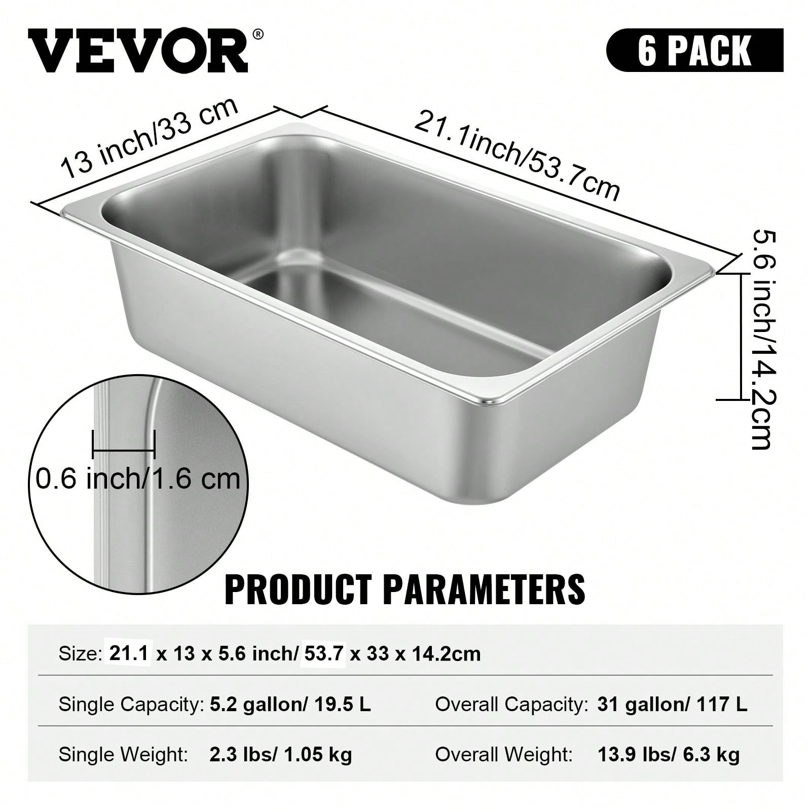 6Pcs Commercial Full Size Pans 2.5in 4in & 6in Stainless Steel Hotel Pan 0.8mm