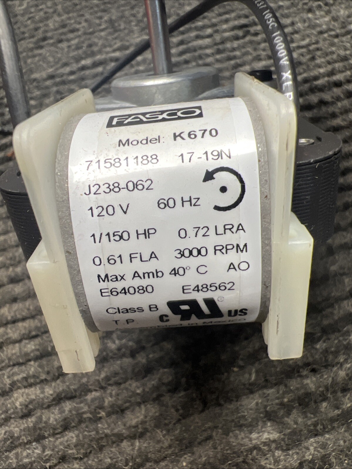 Fasco Shaded Pole Motor Model K670 HP 1/150 120V .61AMPS 60HZ 1 Speed 3000 RPM