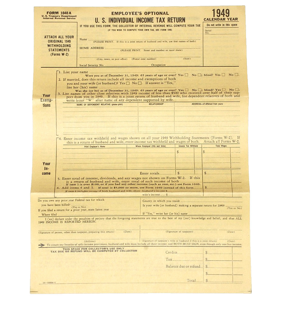 United States U.S. INDIVIDUAL INCOME TAX RETURN Form 1040A Unused IRS VTG 1949