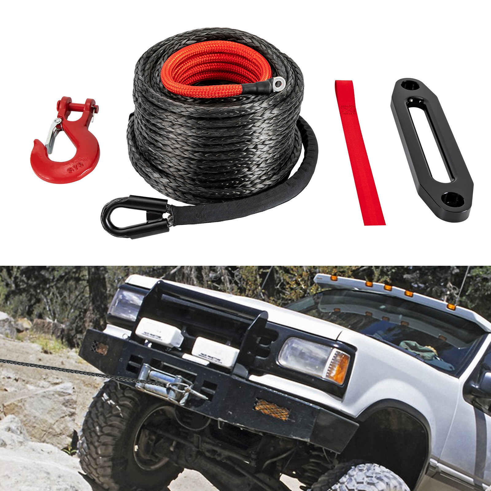 Lightweight Synthetic Winch Rope with Hook – 23809 lbs Breaking Strength